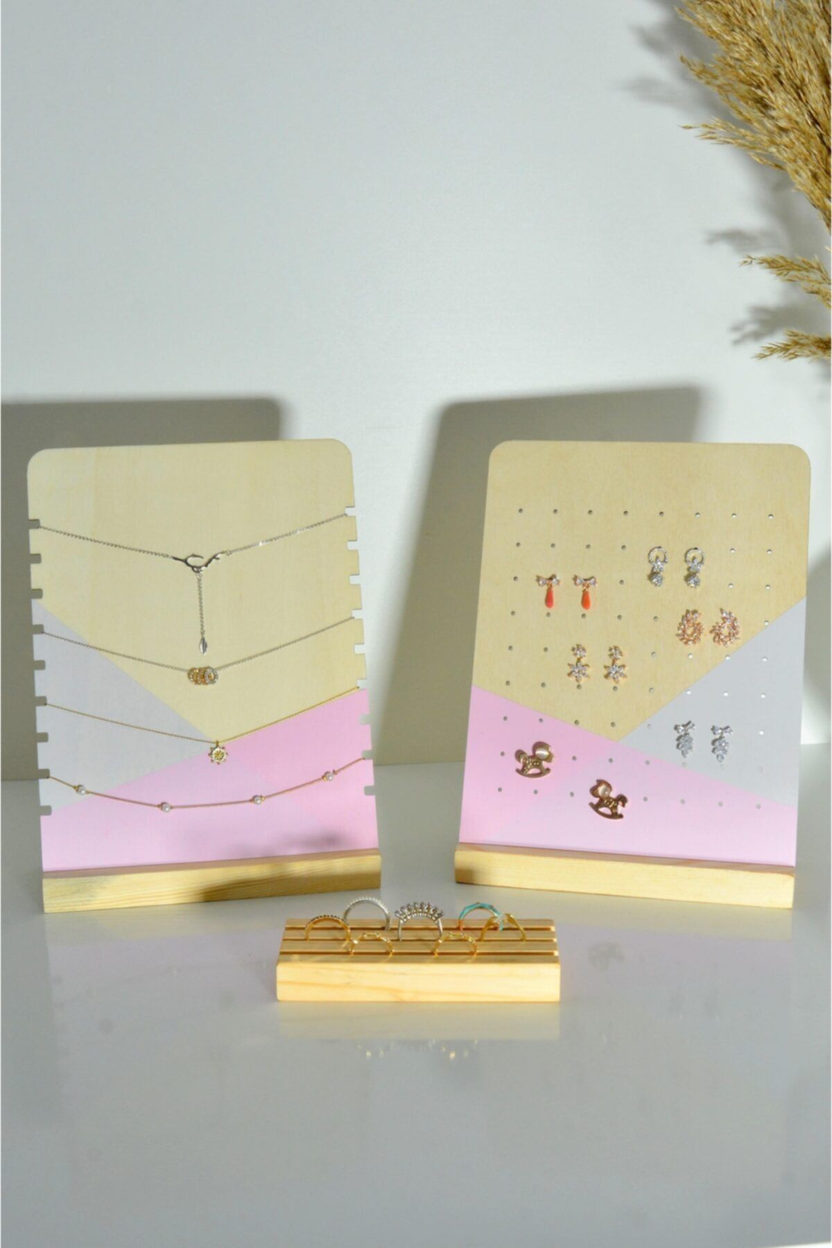 Sunbross Design Ahşap Masaüstü 3'lü Set Dekoratif Takı Askısı