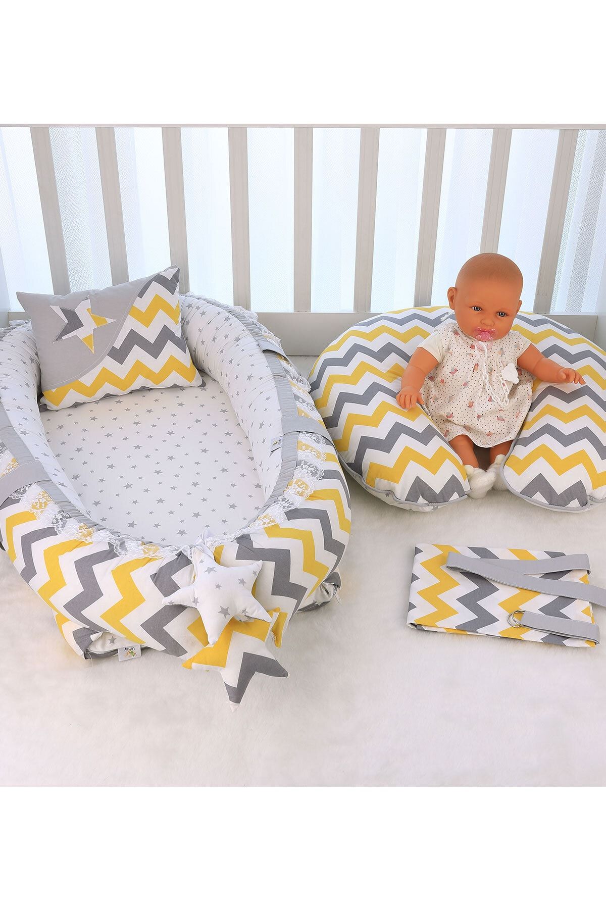 Umaybebek Sarı Gri Zikzak Babynest Emzirme Yastığı Emzirme Önlüğü 3'lü Set