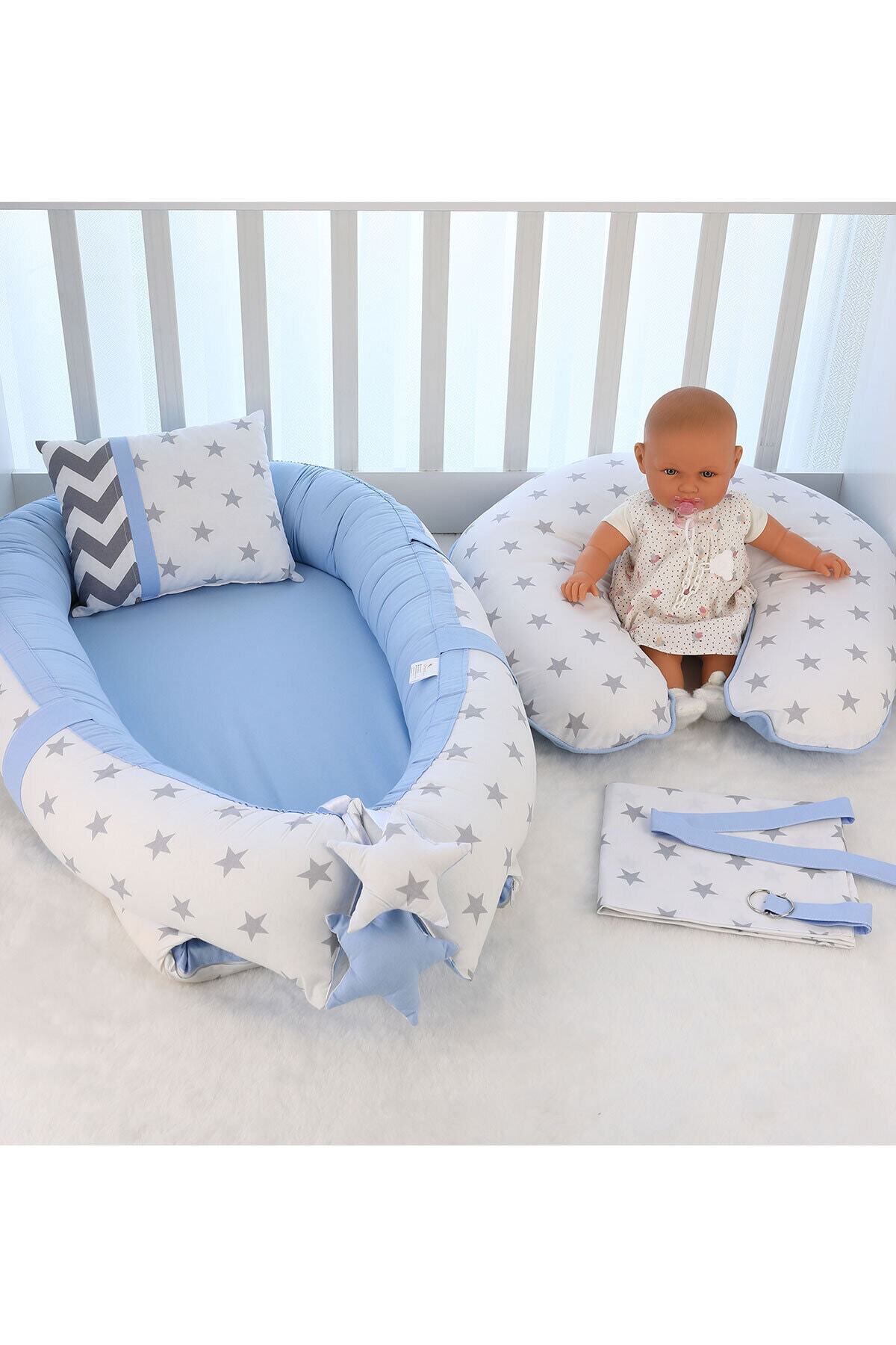 Umaybebek Mavi Beyaz Babynest Emzirme Yastığı Emzirme Önlüğü 3'lü Set