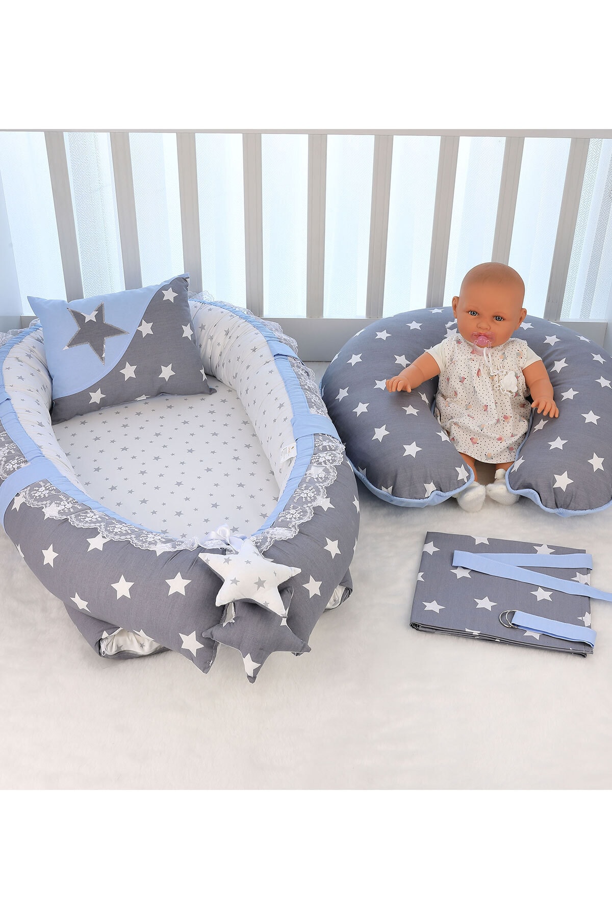 Umaybebek Gri Mavi Baynest Emzirme Yastığı Emzirme Önlüğü 3'lü Set