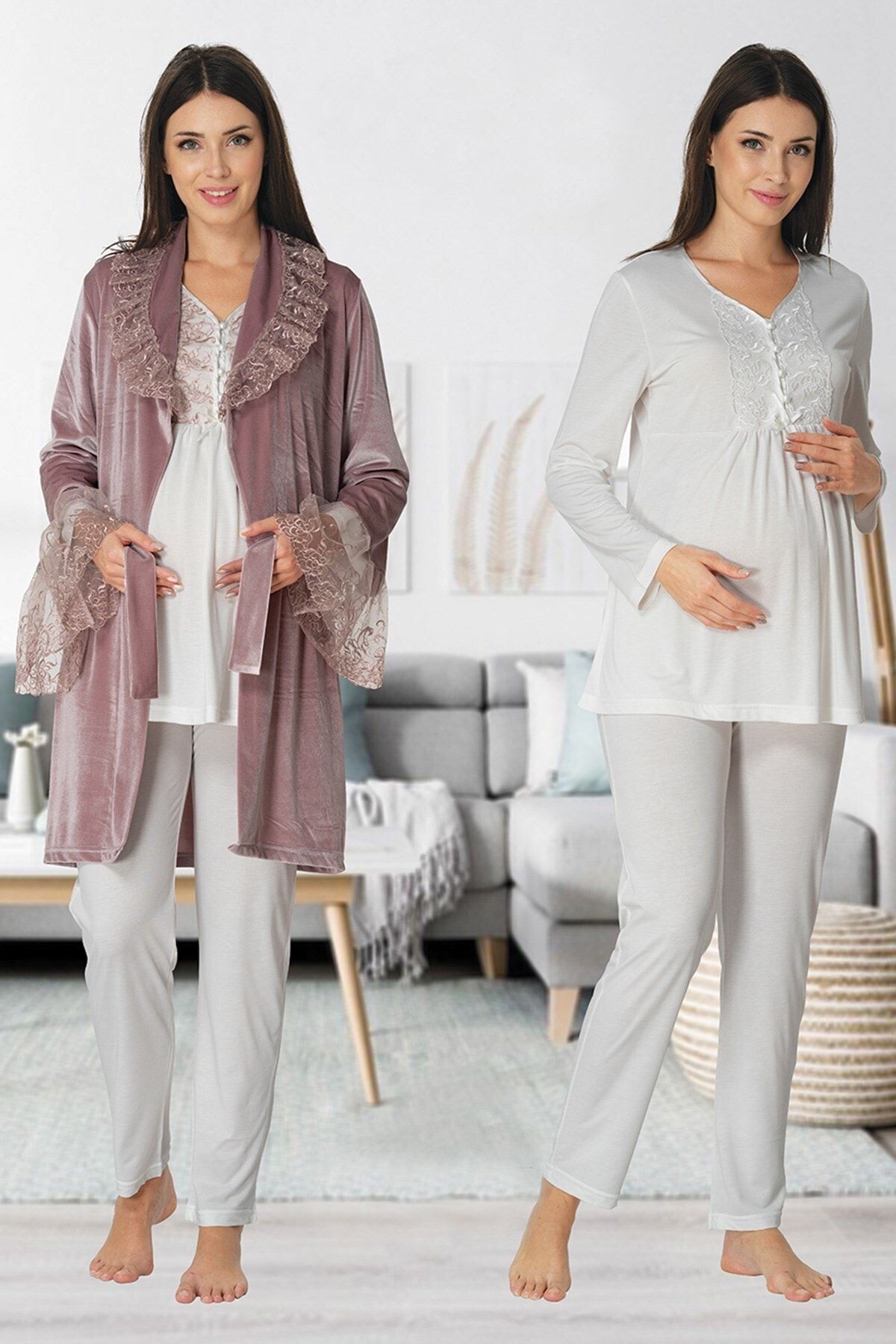 lohusahamile Kadın Gül Kurusu Kadife Sabahlıklı Dantelli Lohusa Pijama Takımı