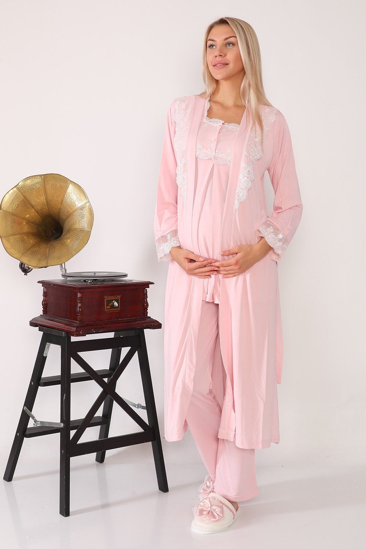 lohusahamile Kadın  Pembe Uzun Sabahlıklı Lohusa Pijama 2601