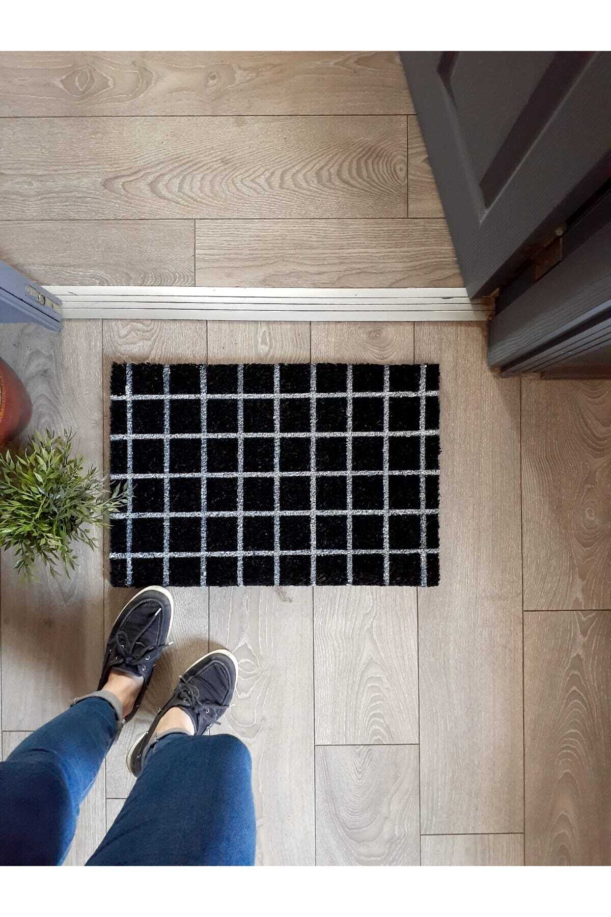 GizHome Doğal Koko Kapı Paspası 40x60 Beyaz Kareli