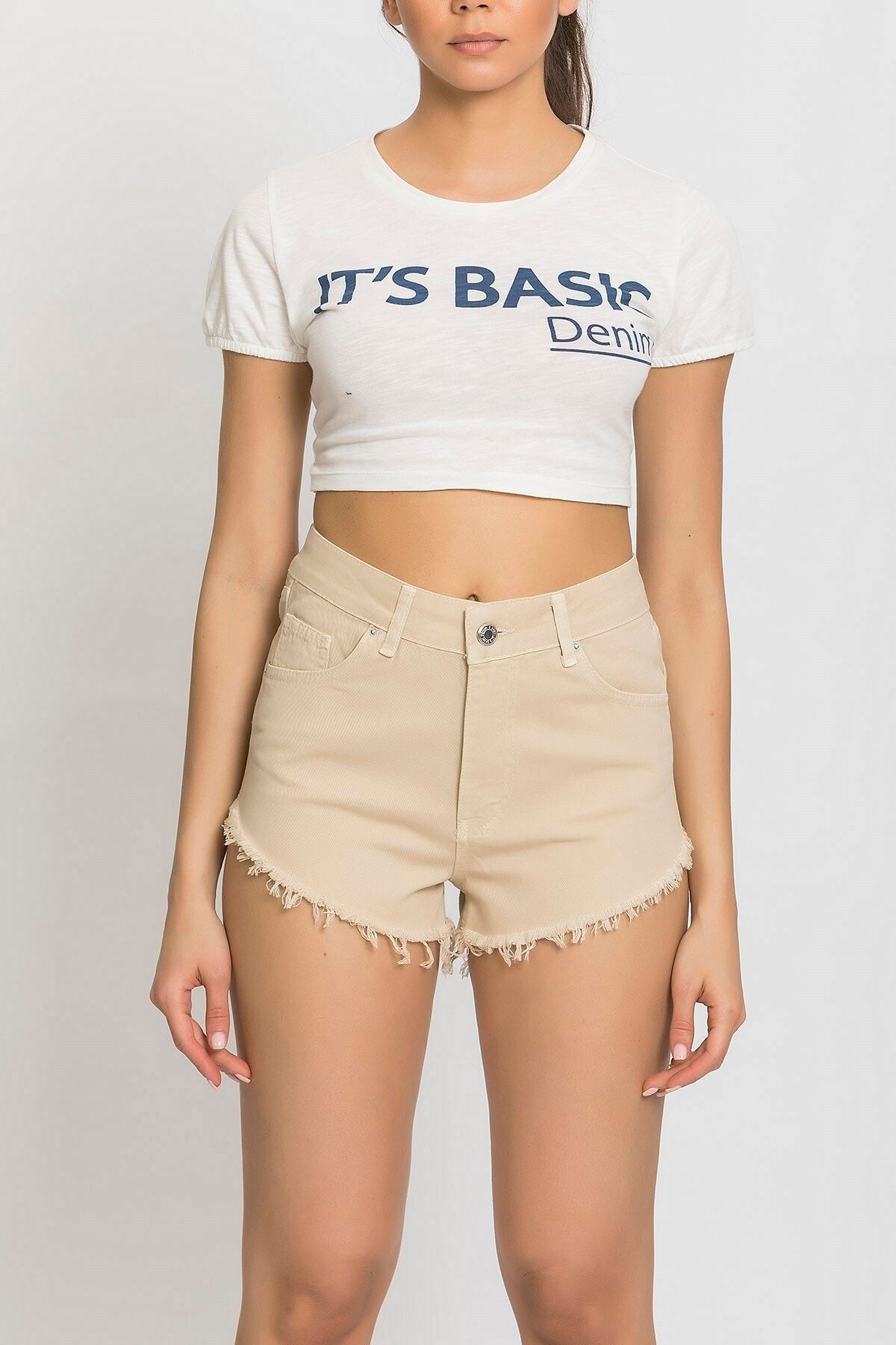 its basic Itsbasıc1648 Color Bej Yüksek Bel Mini Şort