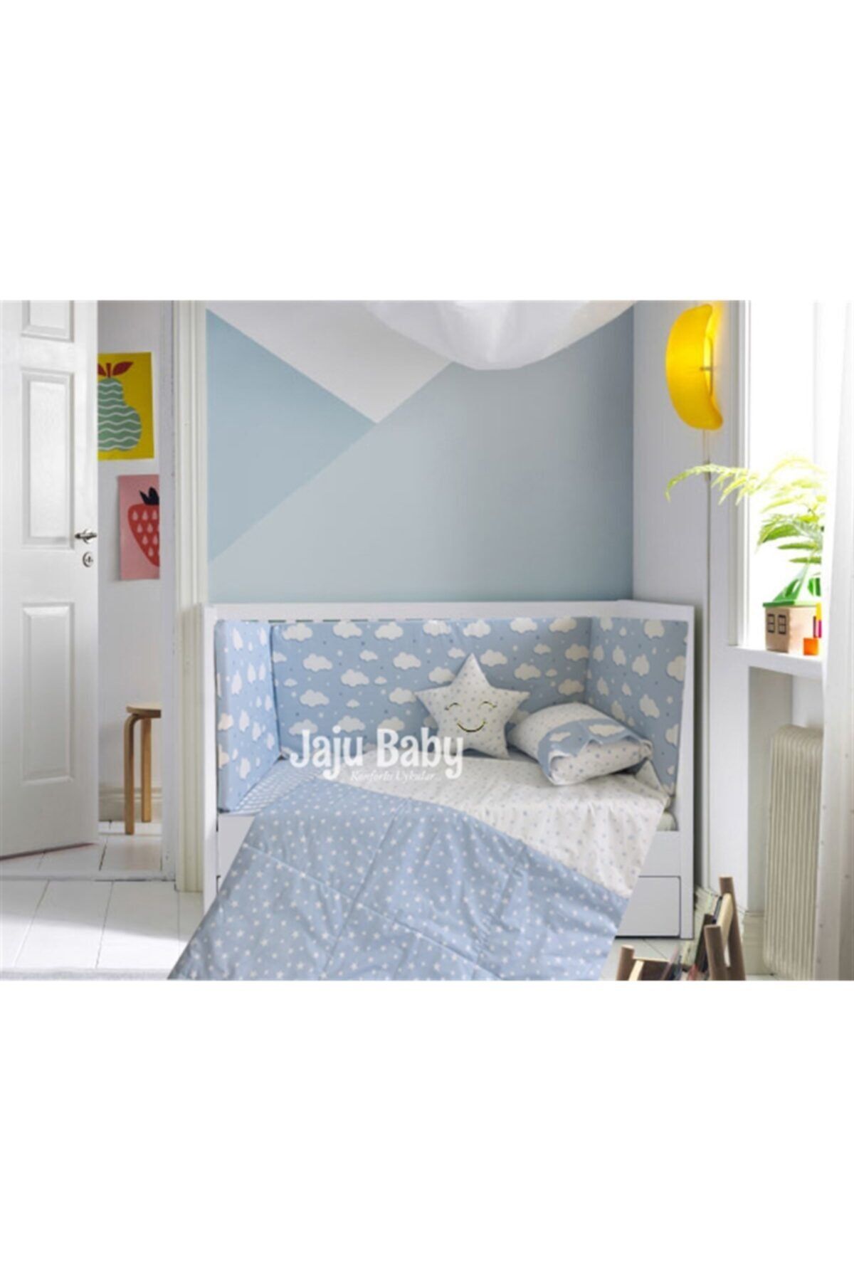 Jaju Baby Mavi Bulut Desenli Bebek Nevresim Takımı Ve Kenar Koruma 80x130