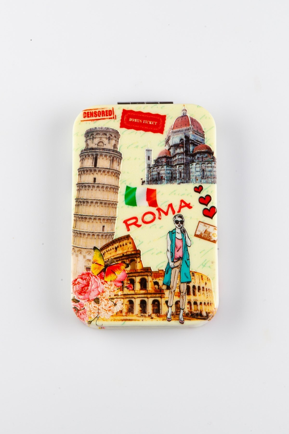 Dünyadan Hediyeler Taşlı Cep Makyaj Aynası Roma Pizza Temalı No.4