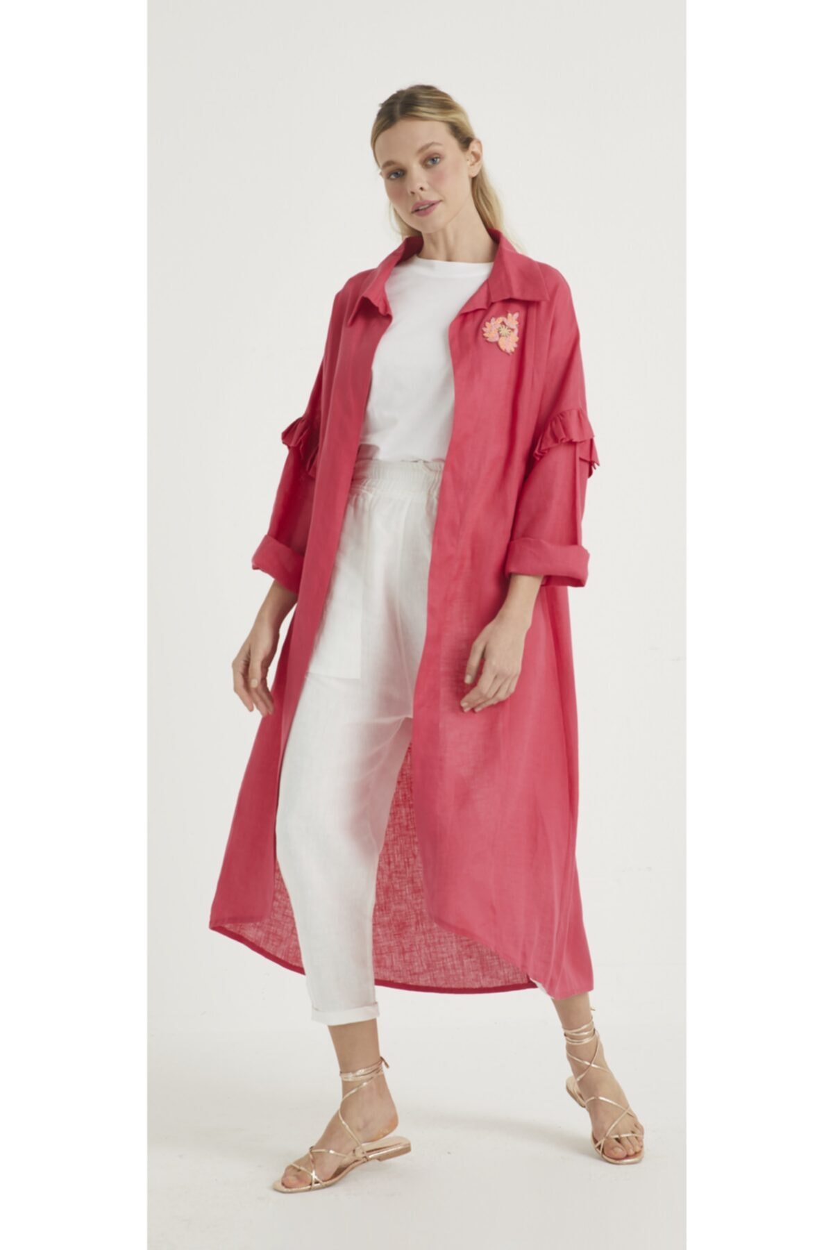 AHSA Kadın Fuşya Keten Uzun Giy Cık Kimono Kap