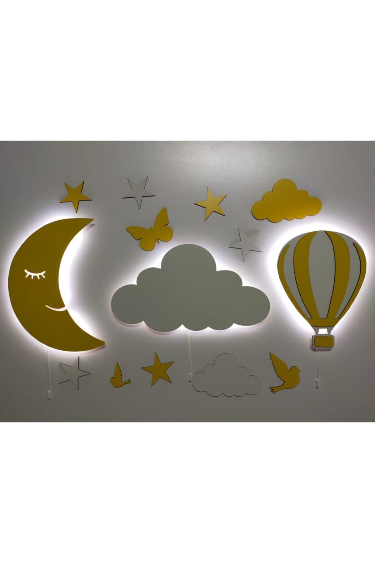fabrikahşap Sarı Beyaz Dekoratif Ahşap Ay Bulut Balon Gece Lambası Ledli 3lü Set
