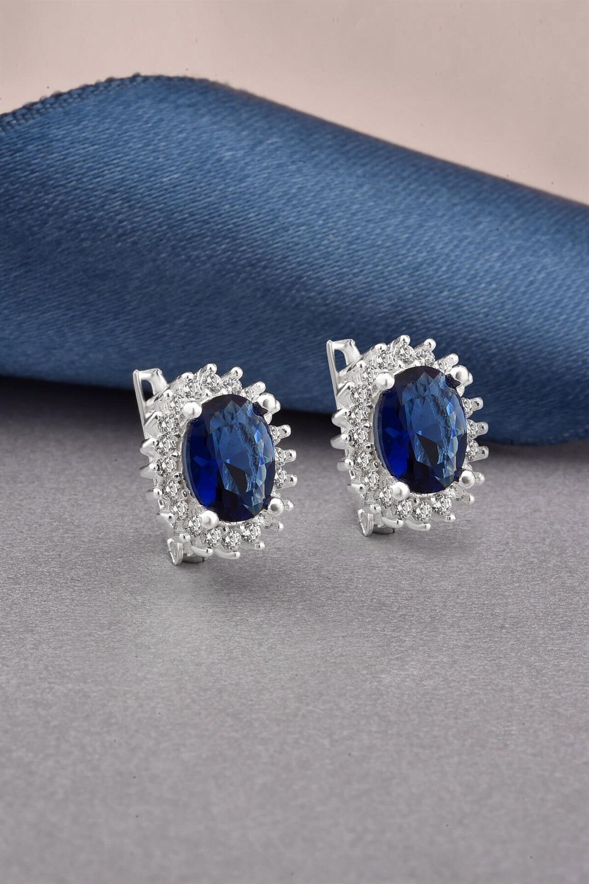 jelux silver Oval Model Pırlanta Montür Safir Renkli Taşlı Rose Gümüş Küpe