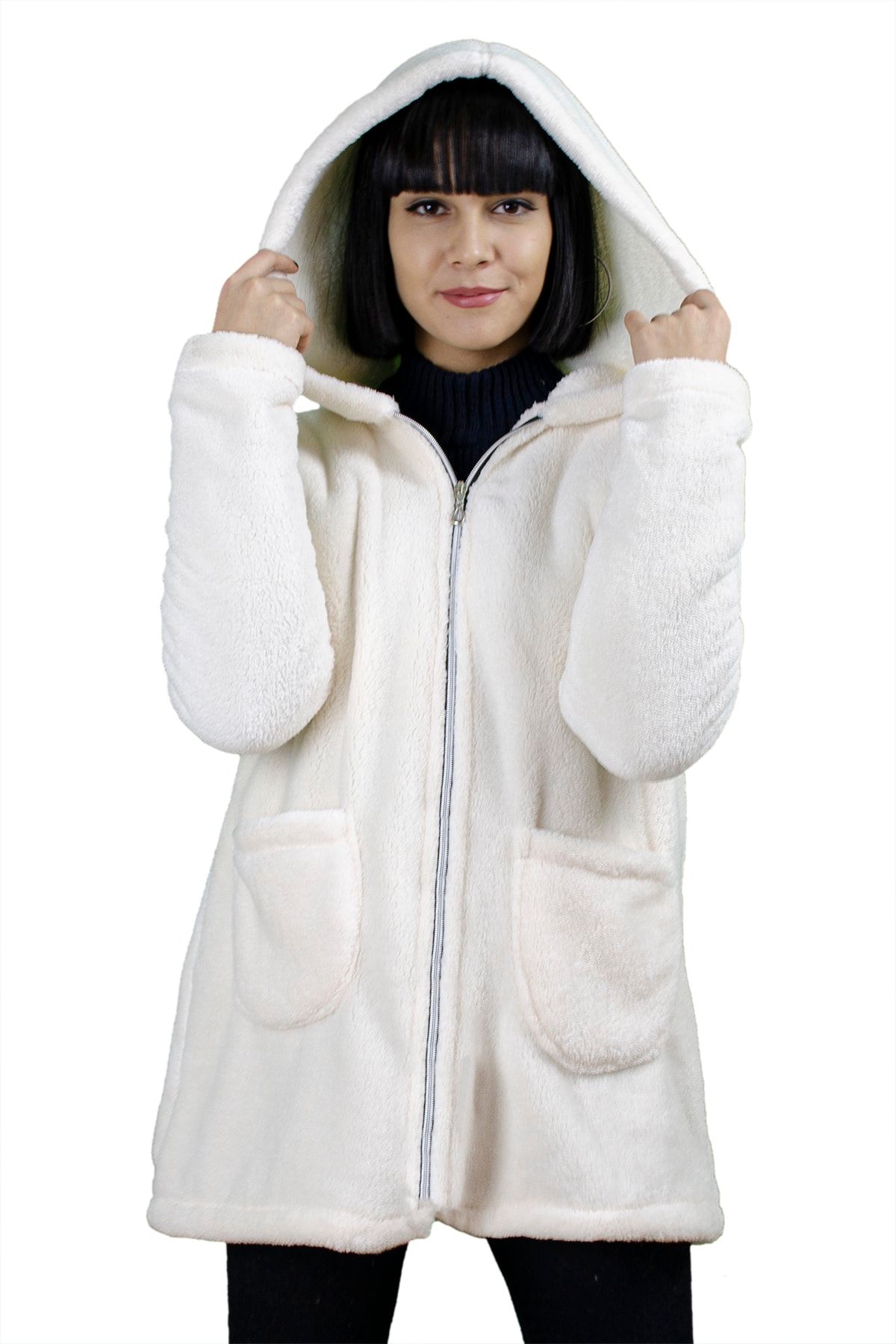 Alpar Tekstil Bayan peluş hırka (salaş) ceket / krem