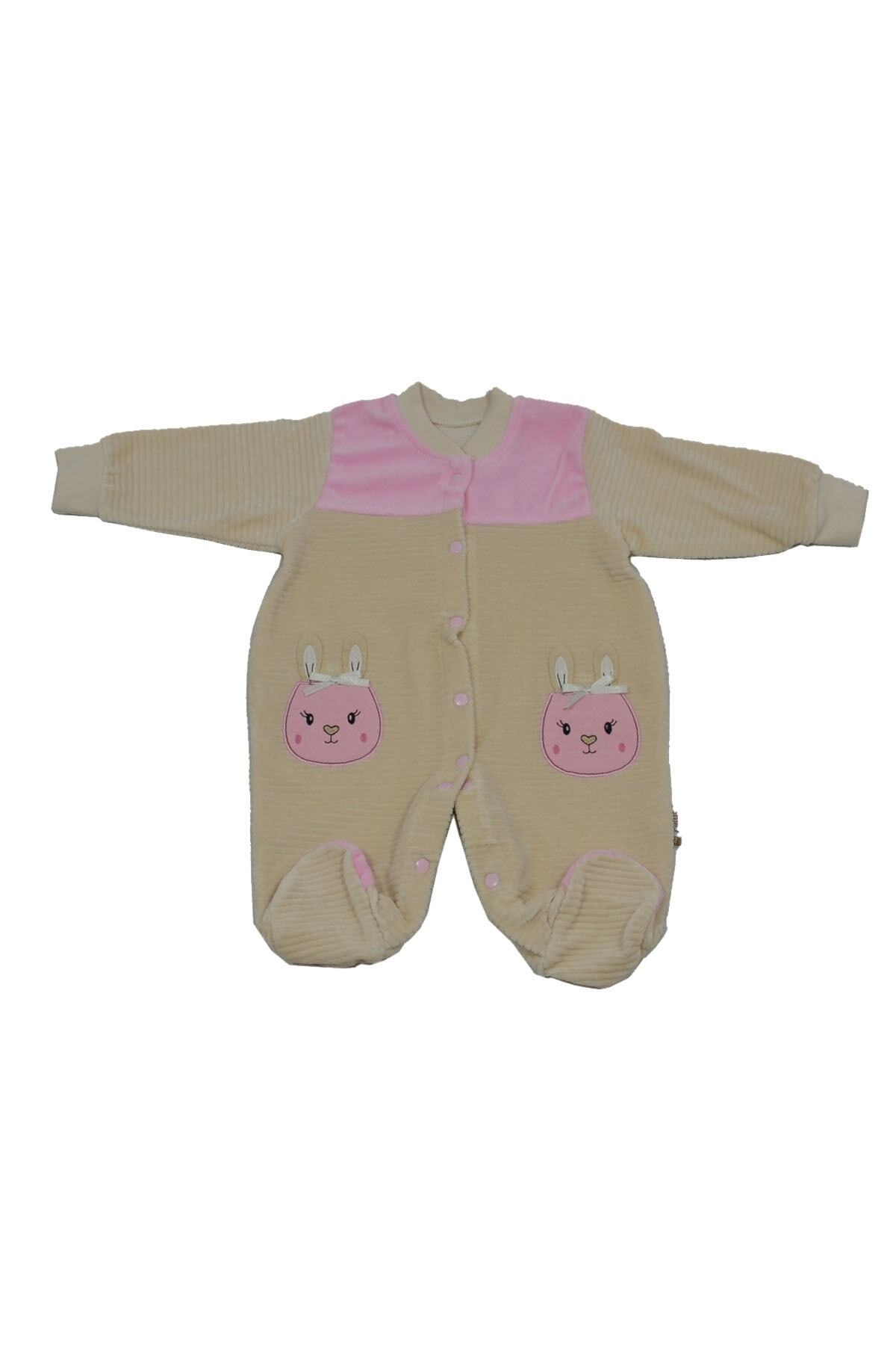 PundiKids Kız Bebek Açık Kahve Tavşan Nakışlı Fitilli Kadife Tulum