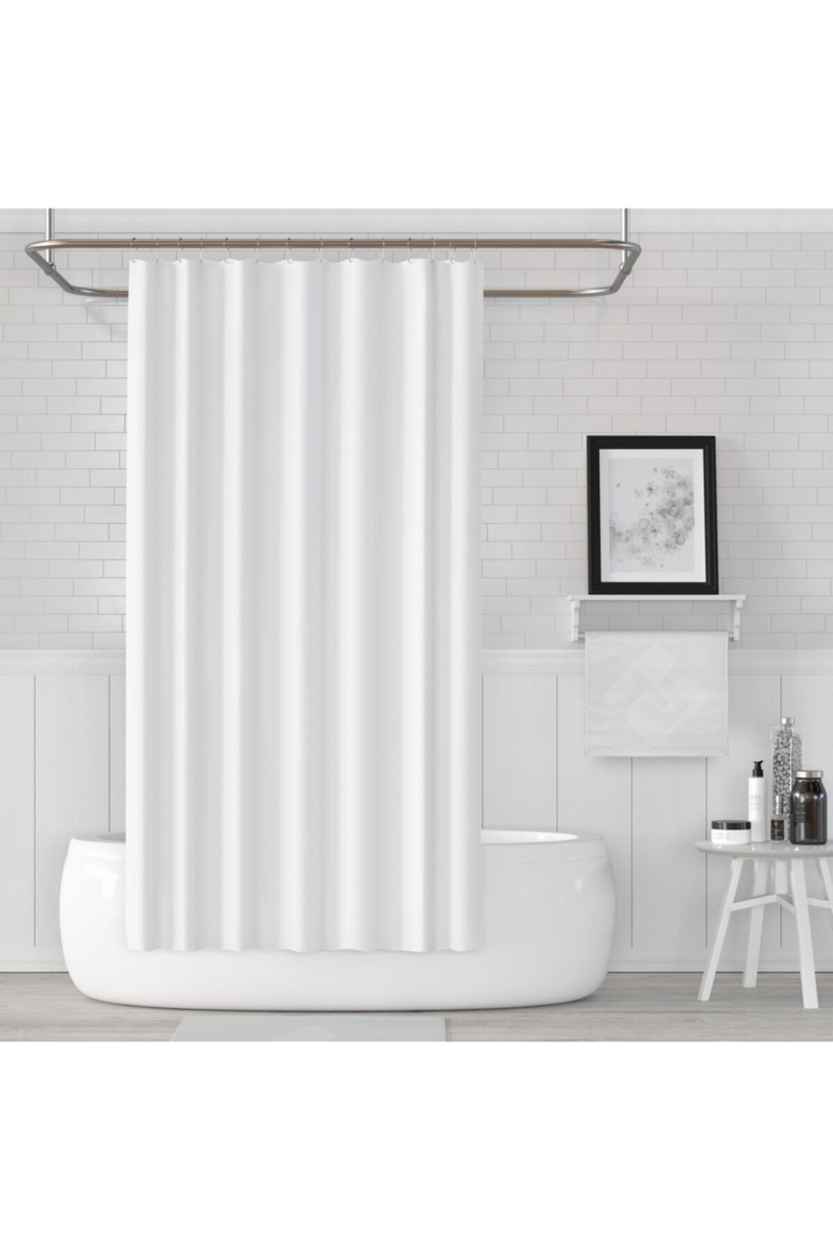 Jackline Beyaz Polyester Kumaş Büyük Boy Banyo Perdesi Yerli Üretim Askı Aparatı Plastik C-halka