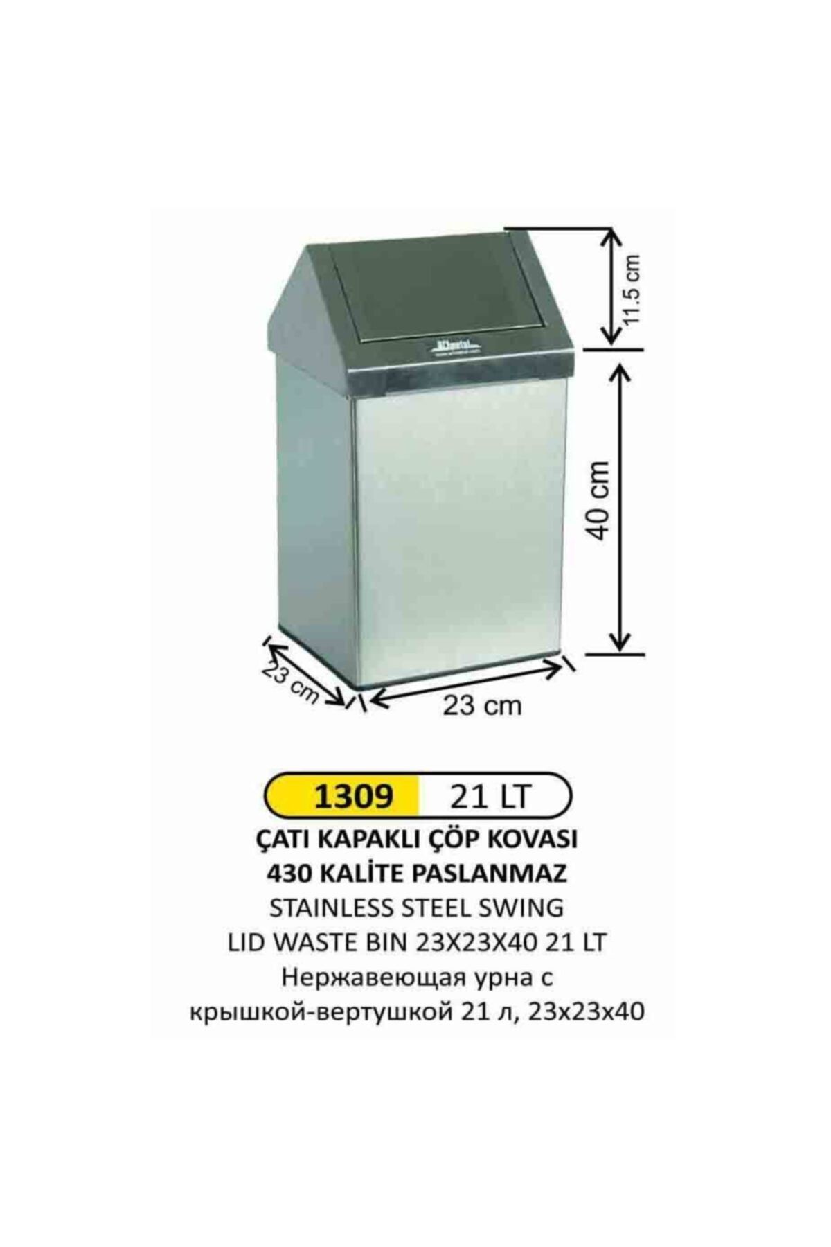 Arı Metal 1309 Çatı Kapaklı Çöp Kovası Paslanmaz 21 Litre 23x23x40 Cm