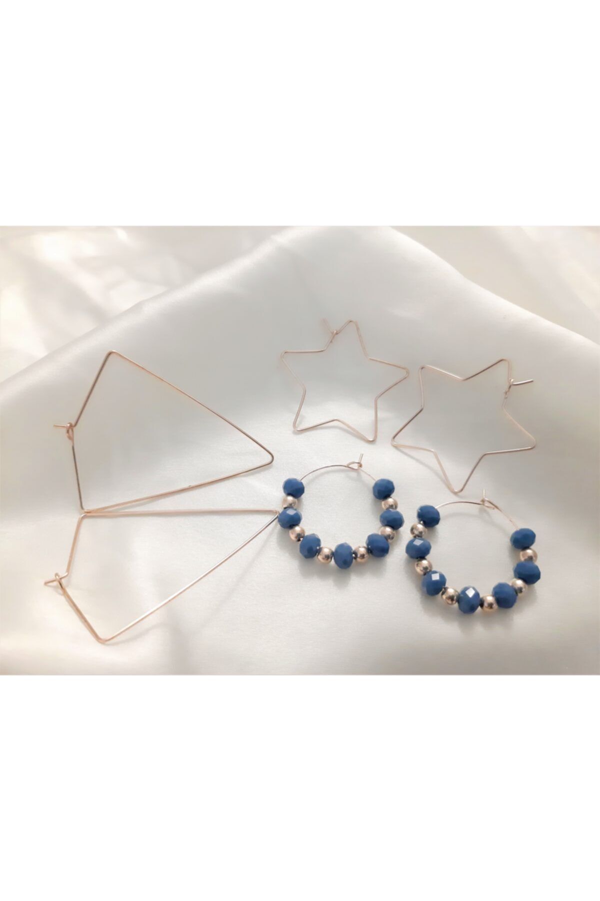 TÜKKAN ACCESSORİES Telkari 3 Çift Kristal Taşlı Rose Kaplama Kombin Çoklu Küpe