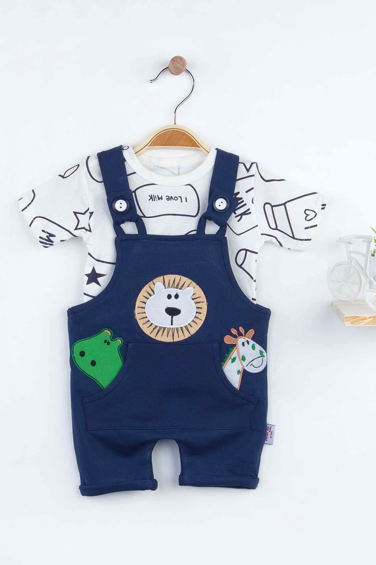 ModaCity Erkek Bebek Lacivert Hayvan Figürlü Askılı Düğme Kapamalı Cepli Salopet Tulum
