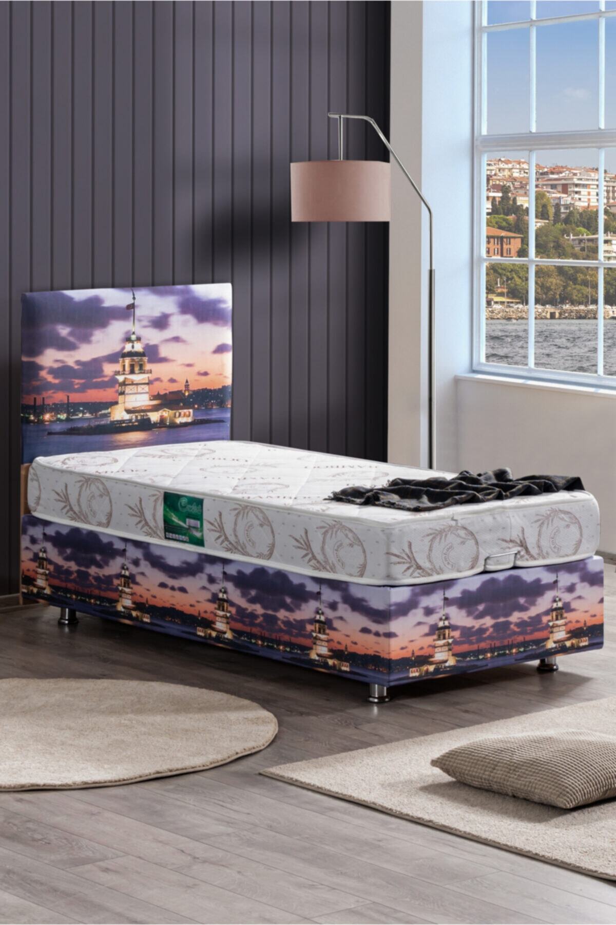 Setay Baza, Kız Kulesi Tek Kişilik Baza + Başlık Seti 90x190 cm + Comfort Yatak