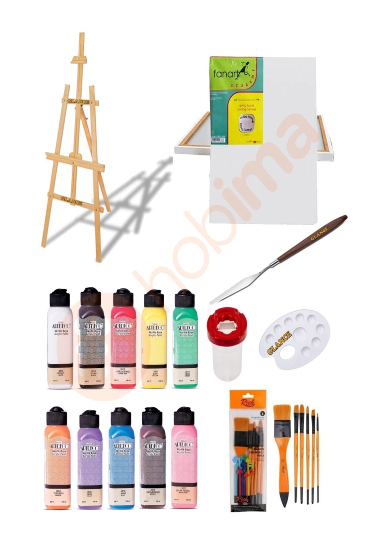 GLANCE Artdeco 140 Ml Akrilik Boya - 50x70 Tuval - Şövale Seti -