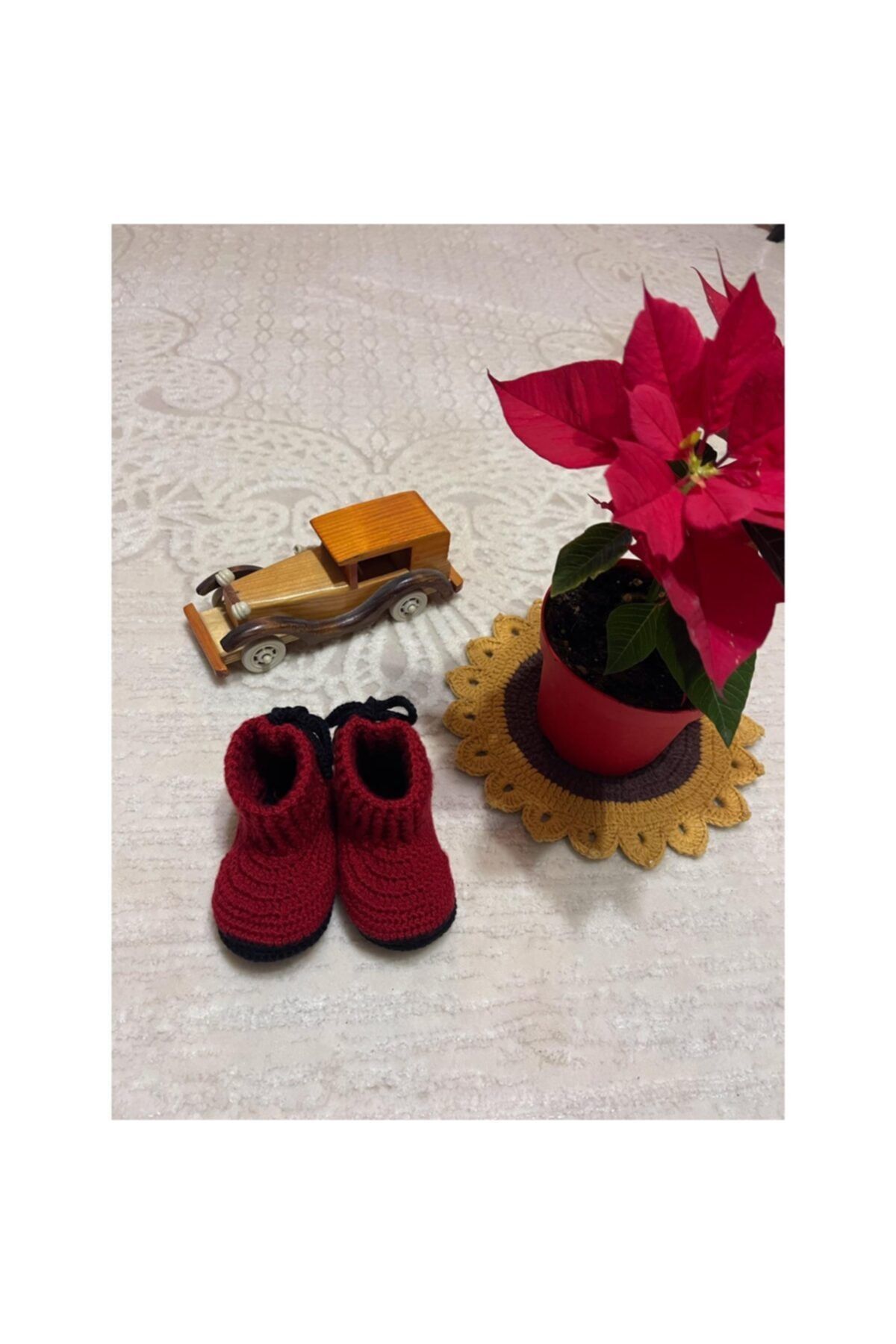 MAHİDE ÖRGÜ DÜNYASI Özel Tasarım El Örgüsü Çocuk Bordo & Sıyah Ev Botu & Patik