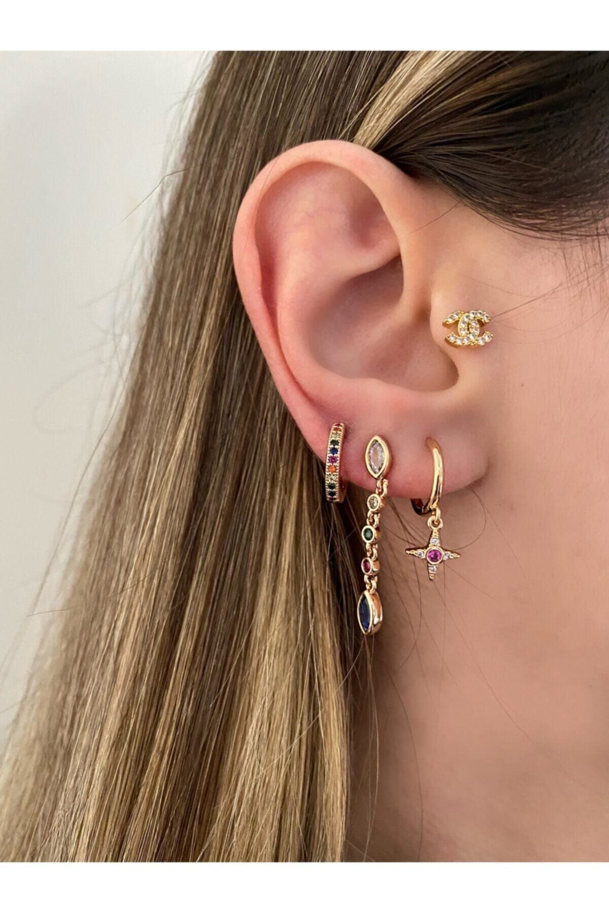 Okkostore Kadın Renkli Charmlı 3’lü Küpe Seti
