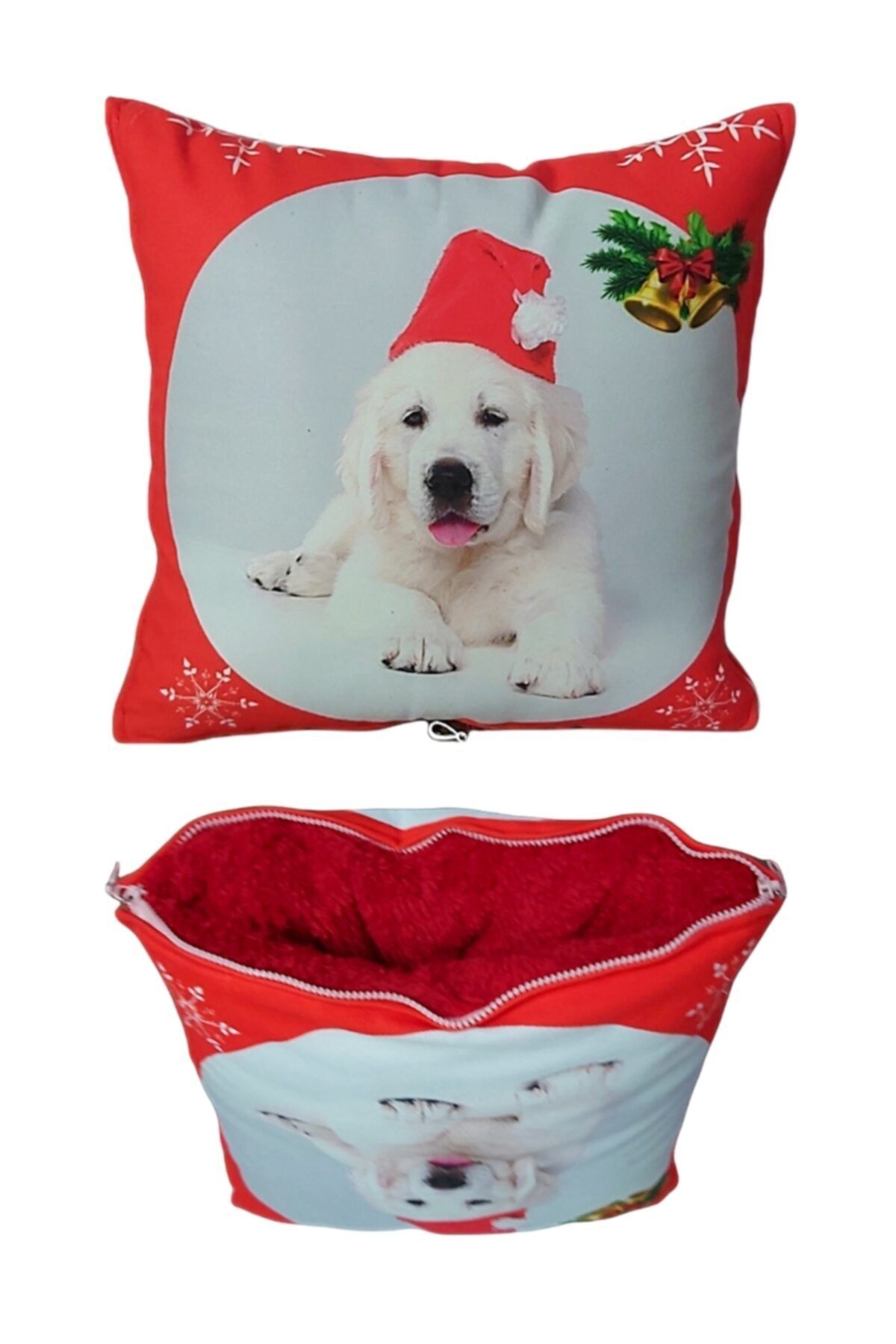 Caisya Butik Beyaz Köpek Baskılı Opsiyonel Battaniyeli Yastık Yılbaşı Kırlent Krmz
