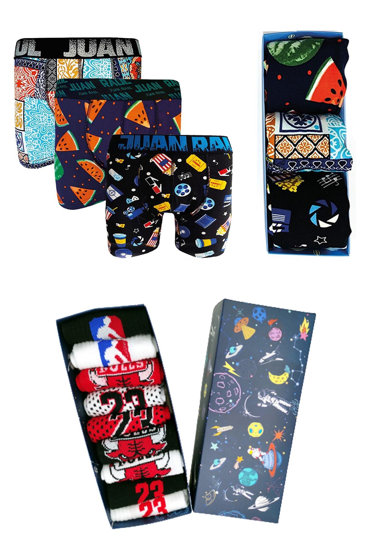 Happy Socks & Underwear 12'li Pamuklu Premium Renkli Desenli Spor Boxer Ve Basketbol Çorap Kutusu