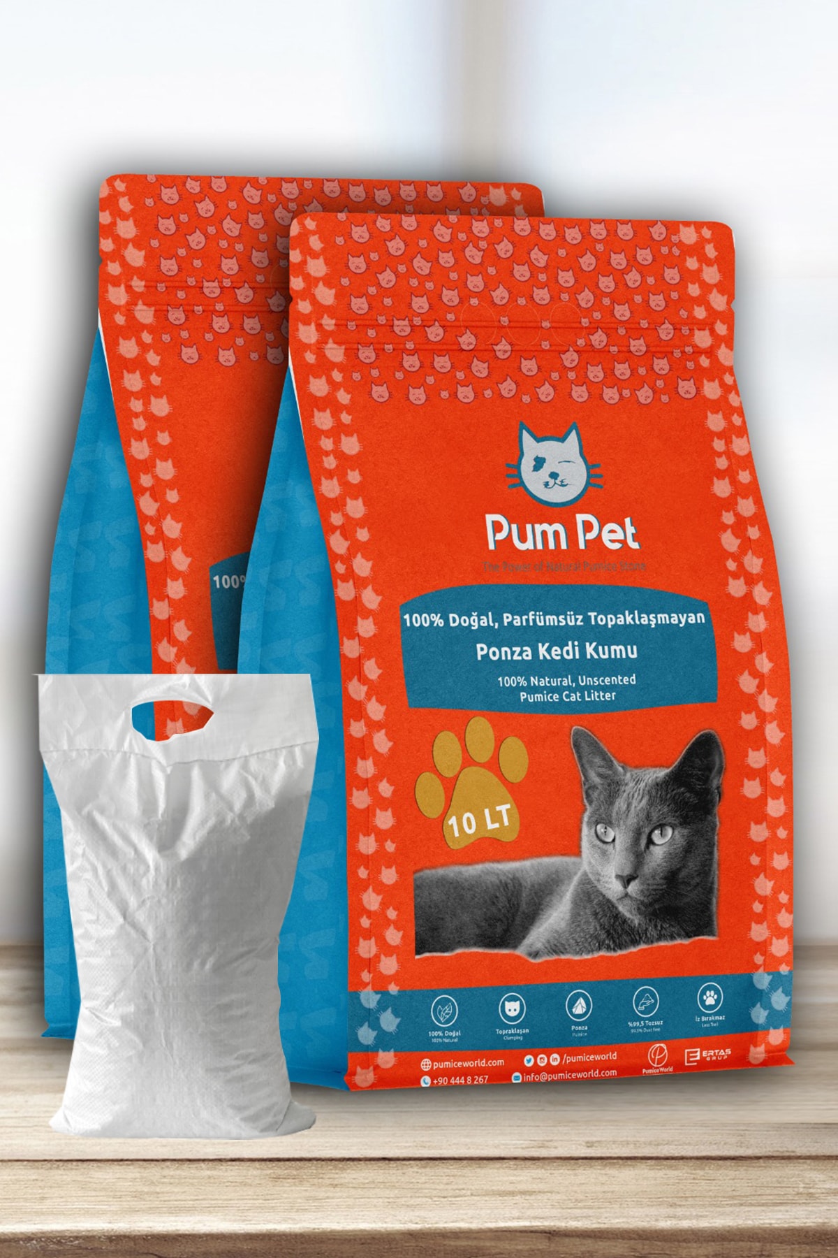 Pum Pet Kedi Kumu 20 Litre, Topaklaşmaz, Kokusuz, Hafif, Kalın Taneli, Çuvallı Gönderim