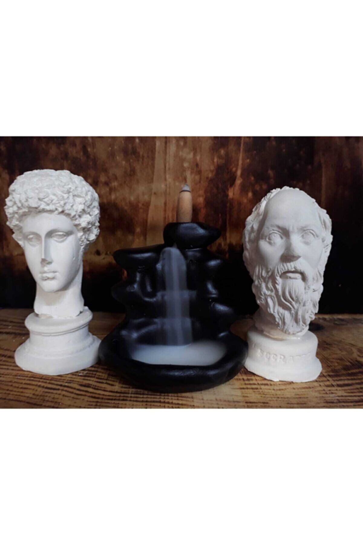 dase home Geri Akış Şelale Tütsülük 5 Adet Tütsü Konisi Beyaz Hermes + Socrates 2'li Heykel Büst Biblo