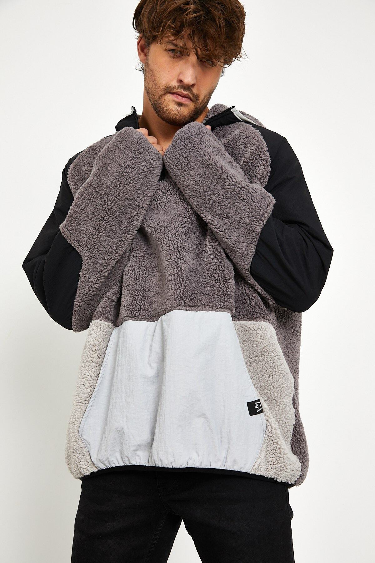 BREEZY Gri Unisex Oversize Sokak Stili Kanguru Cepli Fermuar Paraşüt Kumaş Detay Peluş Hoodie