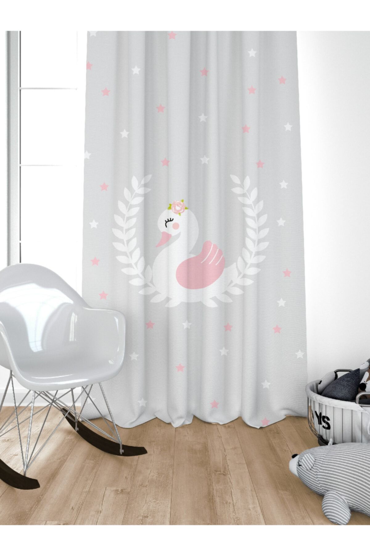 JUNİOR HOME CONCEPT Pembe Gri Kuğu Figürlü Çocuk Odası Tek Kanat Fon Perde