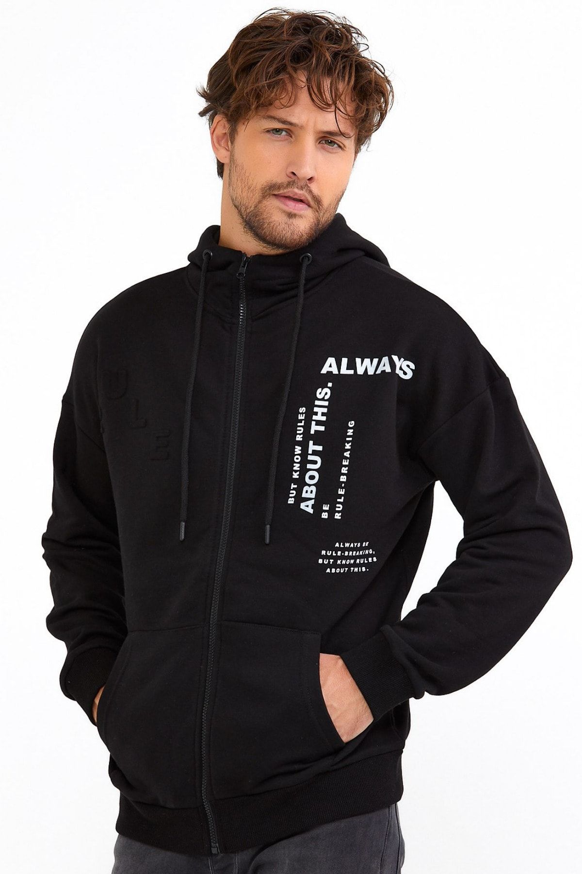 BREEZY Siyah Unisex Oversize Yazı Baskılı Sokak Stili Cepli Fermuarlı Kapüşonlu Hırka Always