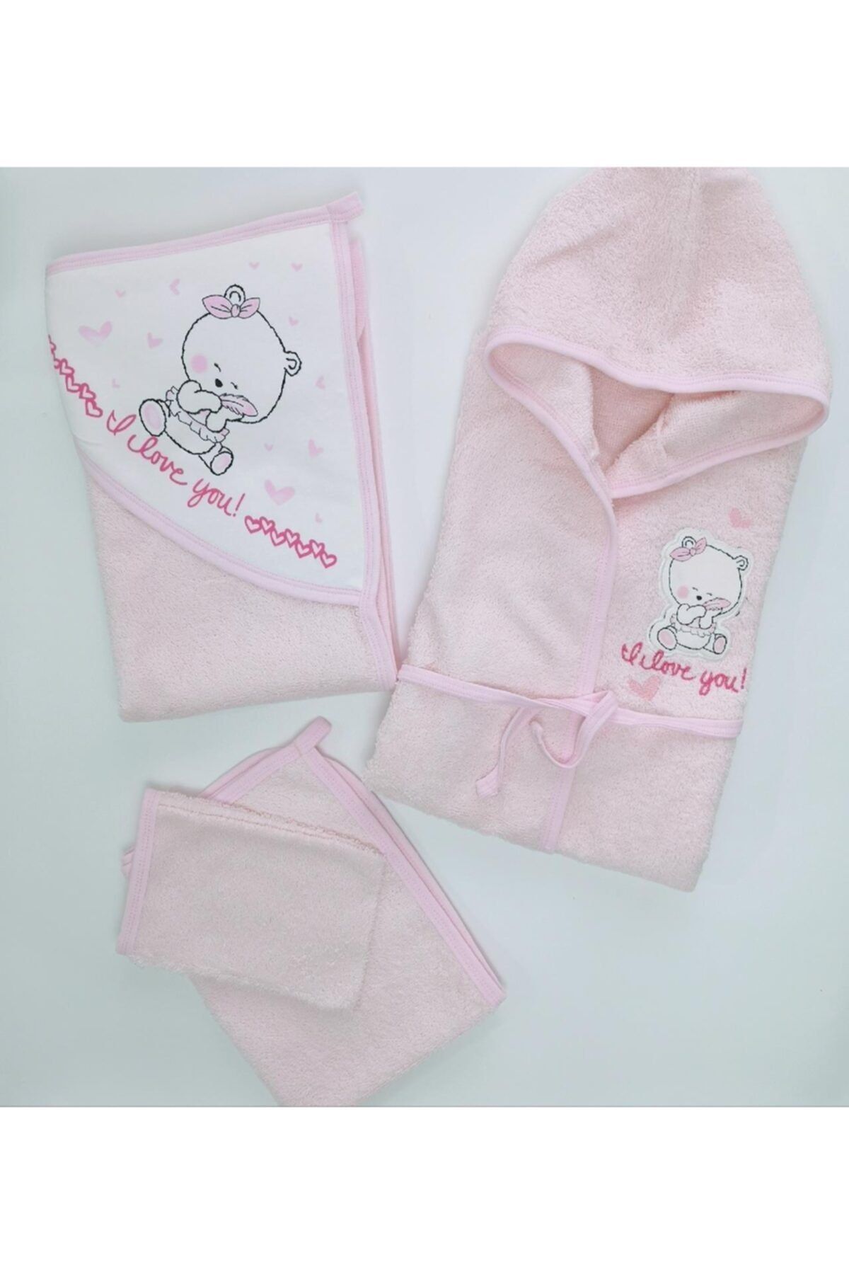 Gaye Bebe Ayıcık Pembe 4 Parça Bebek Bornoz Set