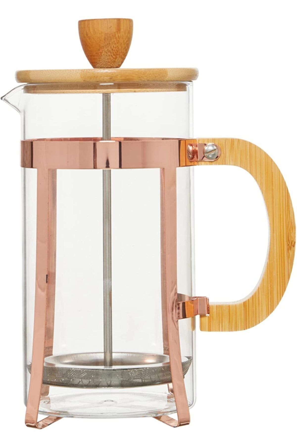 DEKORHANEMDEN Bambu Kapaklı Ve Bambu Kulplu Rose Metal Aksanlı French Press 600 Ml