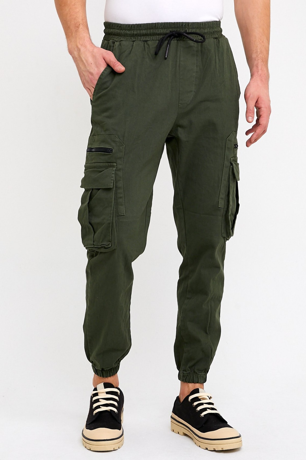 BREEZY Haki Unisex Regular Gabardin Lastik Paça Fermuarlı Cepli Kargo Pantolon Eşofman