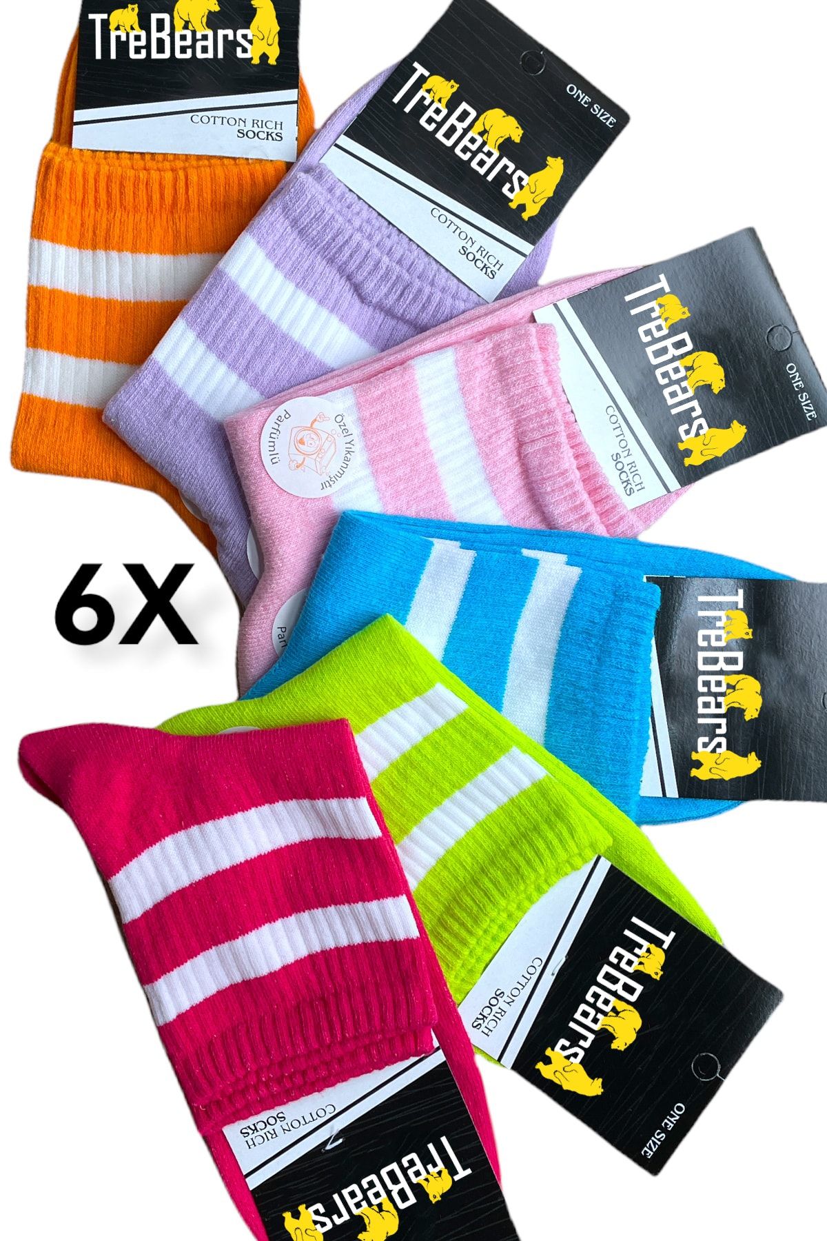 TreBears Tenis Çorap Çizgili Renkli 6 Lı Set