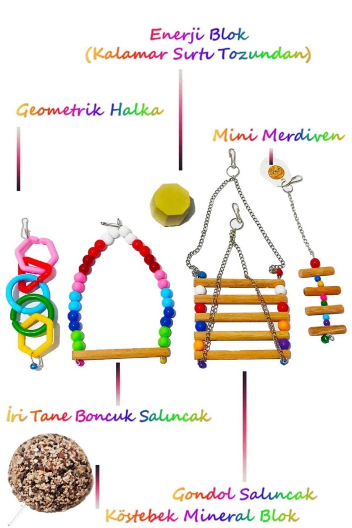 HEKİM PET 6lı Set Kuş Oyuncağı Paketi Enerji Blok+gondol+salıncak+mini Merdiven+geometrik Halka+mineral Blok