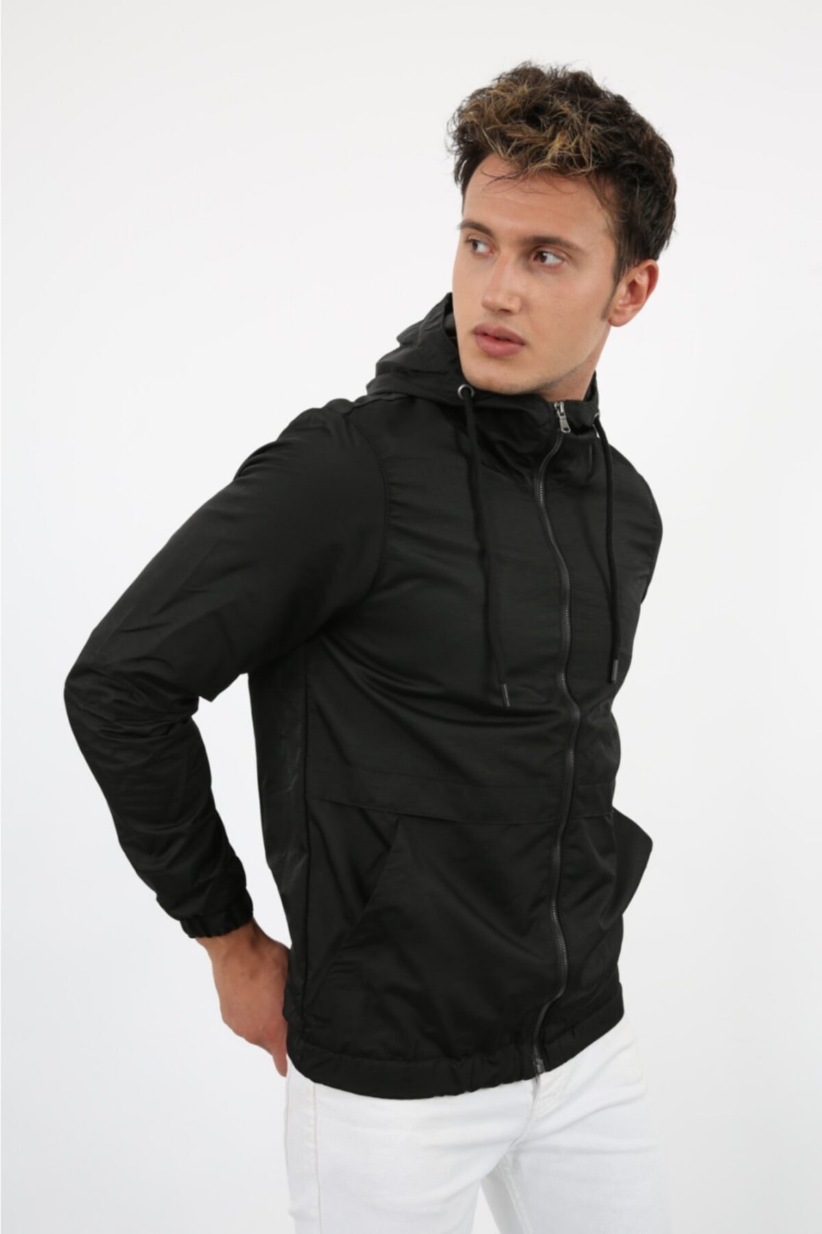 SM CLOTHİNG Erkek Siyah Kapüşonlu Su Geçirmez Yağmurluk