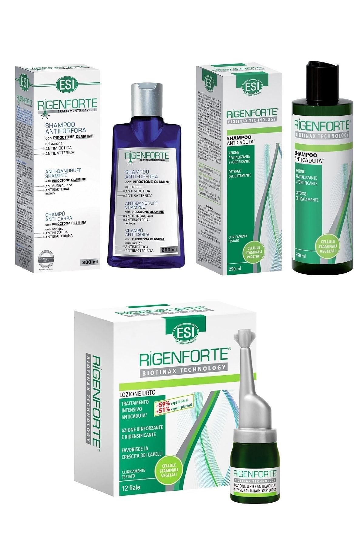 Rigenforte Intensive Lotion 10ml 12 Flakon Serum Antiforfora Sampuan 200ml Energizzante Sampuan 200ml