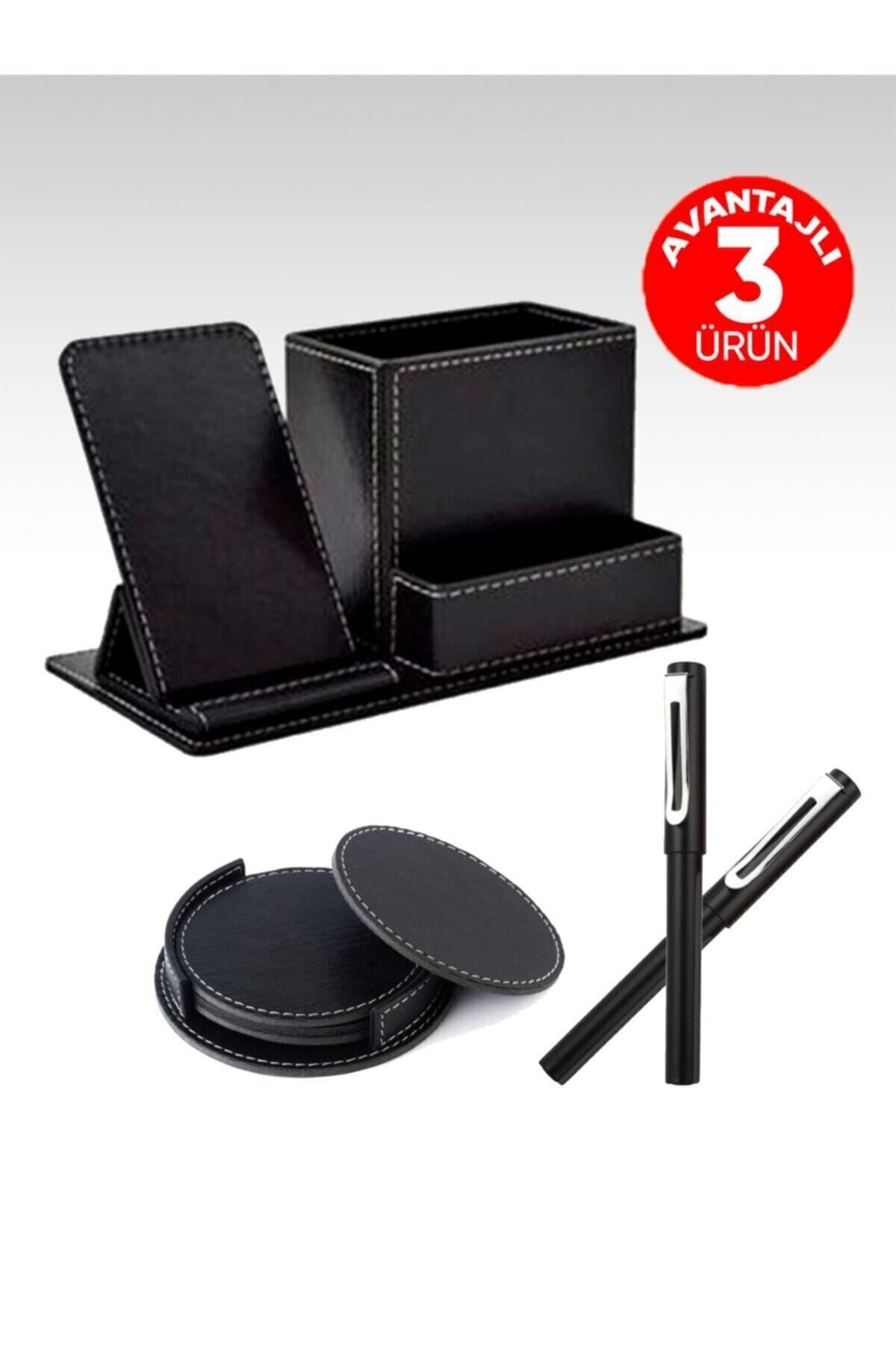 EGESTA Suni Deri Telefon Standlı Kalemlik - 4'lü Deri Bardak Altlığı + Roller Imza Kalemi