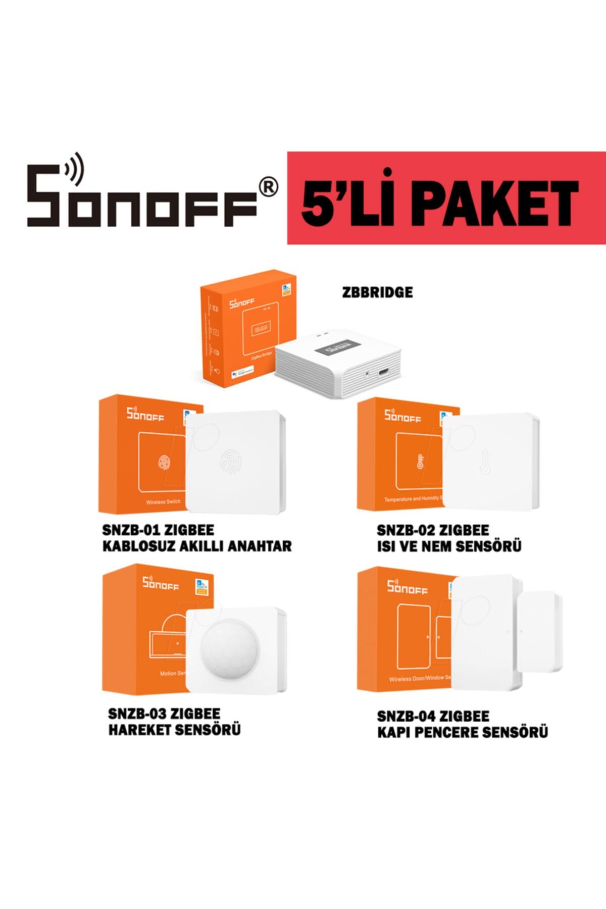 Sonoff Zigbee 5'li Akıllı Ev Paketi - Bridge, Hareket, Kapı, Pencere