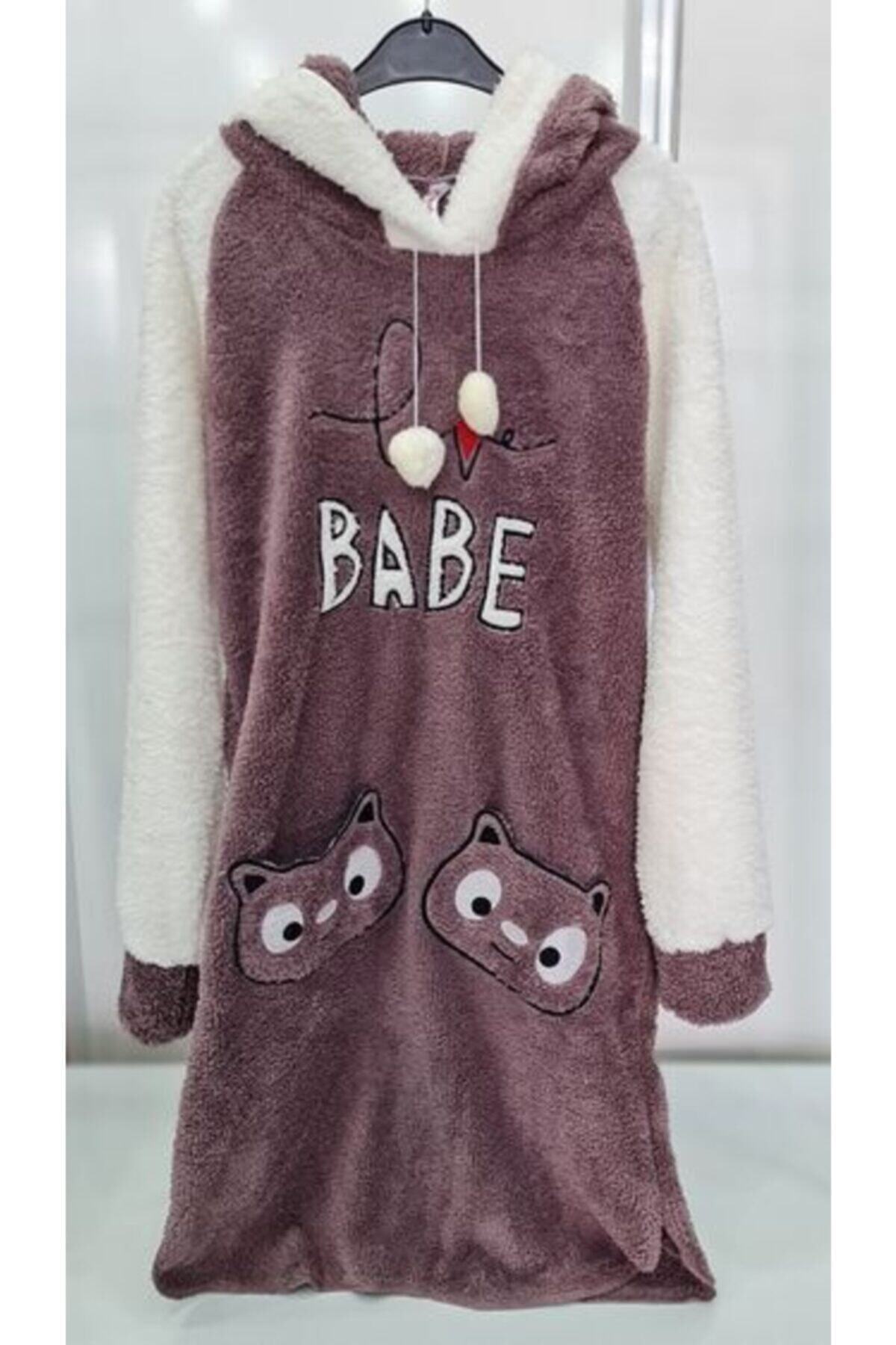 ARCAN Kadın Kahverengi Love Babe Desenli Kapşonlu Peluş Polar Gecelik