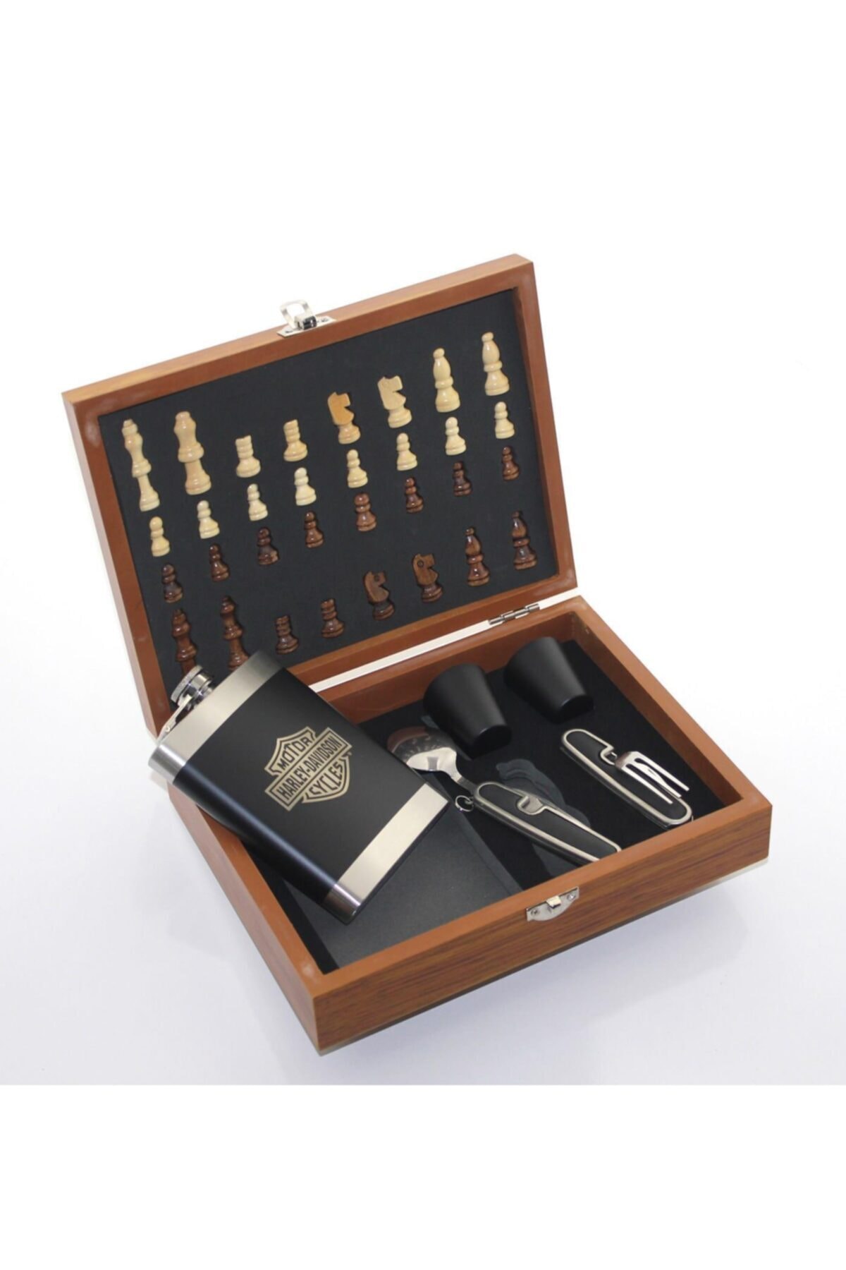 ASVASHOP Paslanmaz Çelik Içki Viski Matara Seti Ahşap Kutulu Harley