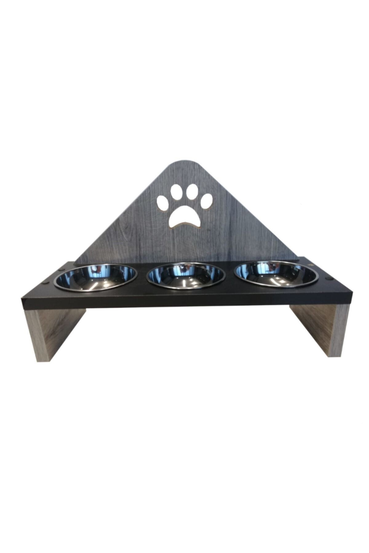 UCDKSHOP Petzanya Ahşap Kedi Mama Ve Su Kabı - 3 Lü- Gri Patili