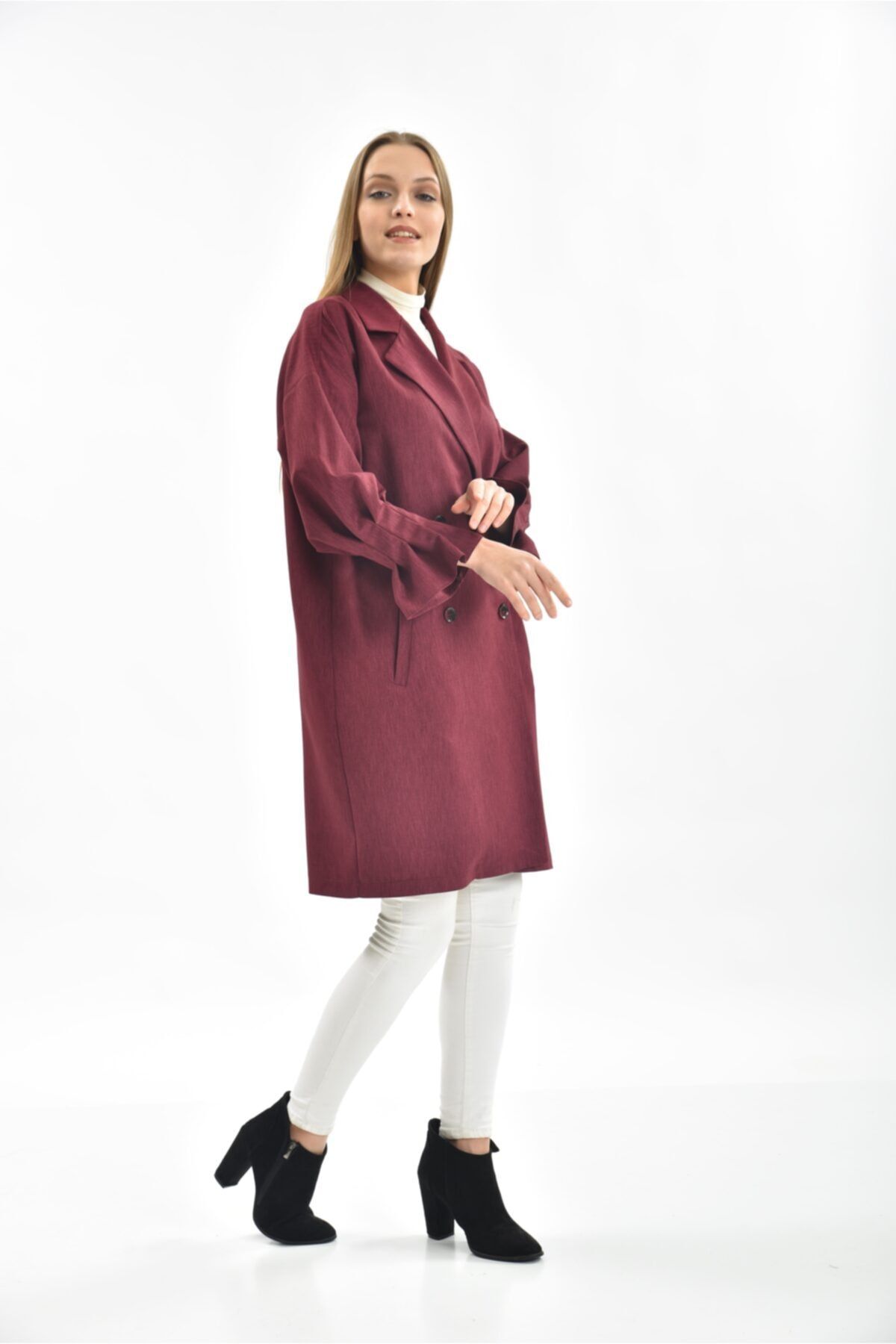 Fashion Light Fl0210 Bordo Kol Detaylı Trençkot