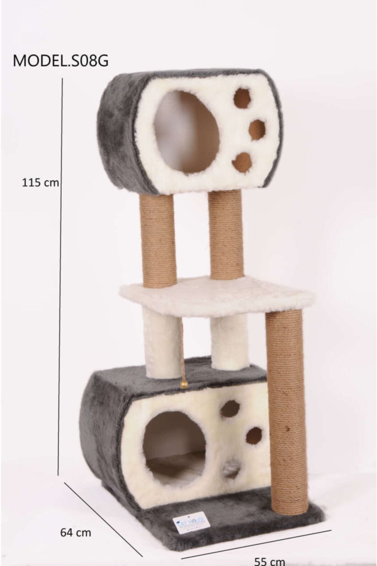 MAYA CAT HOUSE Cat Hause S08 Çift Yuvalı Katlı Kedi Tırmalama Gri 115 Cm