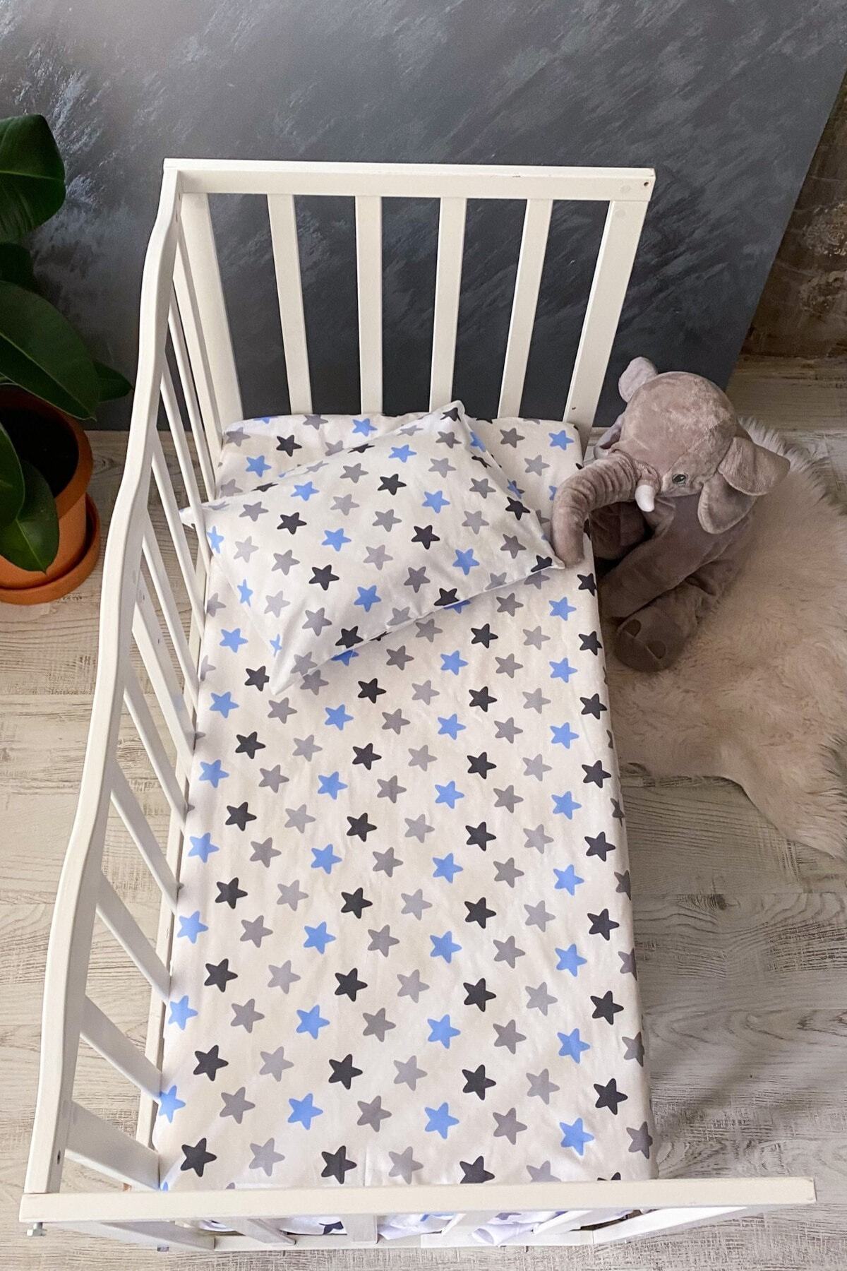 UĞURLU HOME 80*130 Lastikli Ranforce Bebek Çarşafı Ve Yastık Set Star - Mavi