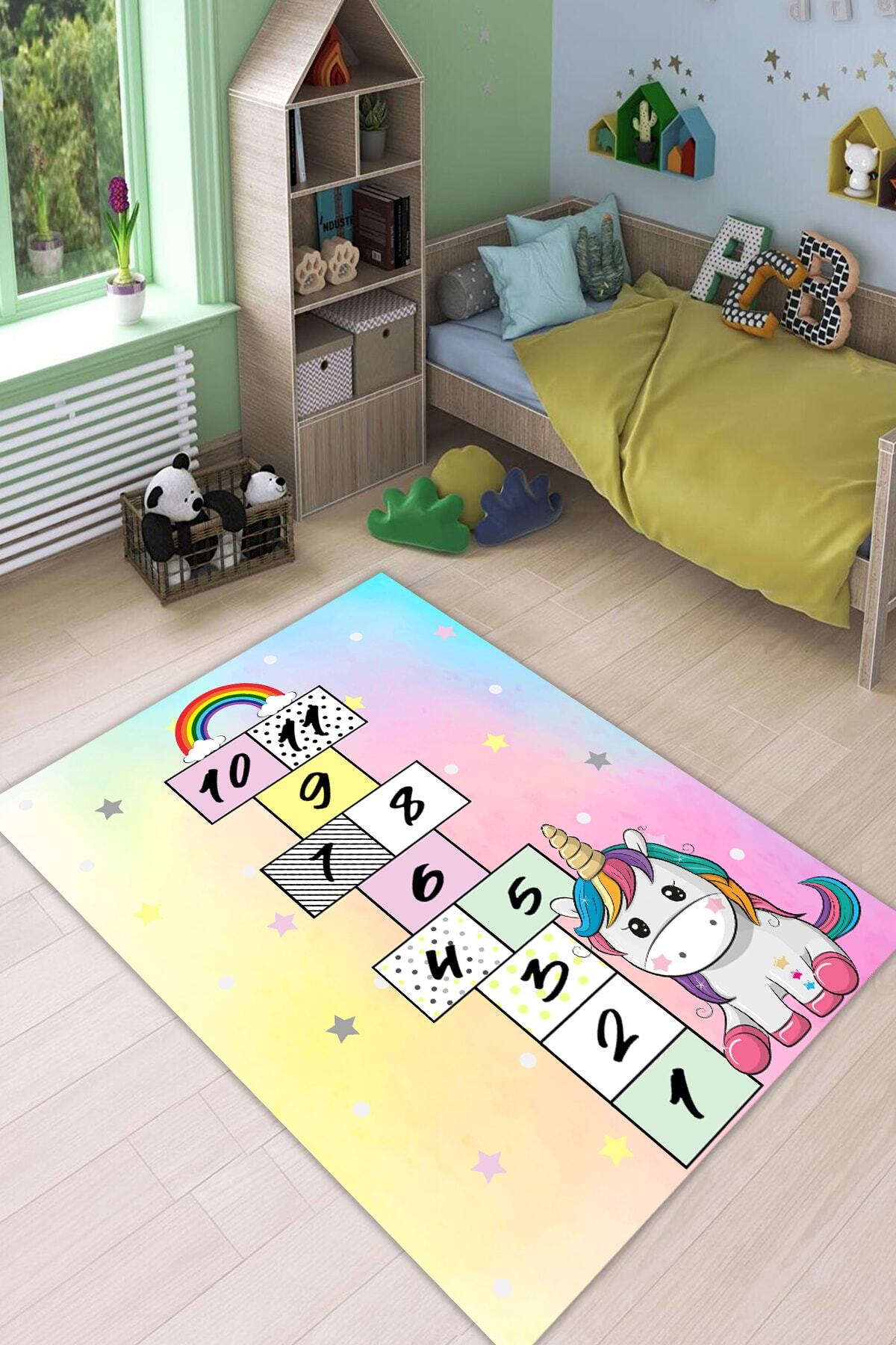 Elegand Store Dengraje Ünicorn Desenli Çocuk Halısı (makinada Yıkanabilir Kaymaz Taban)