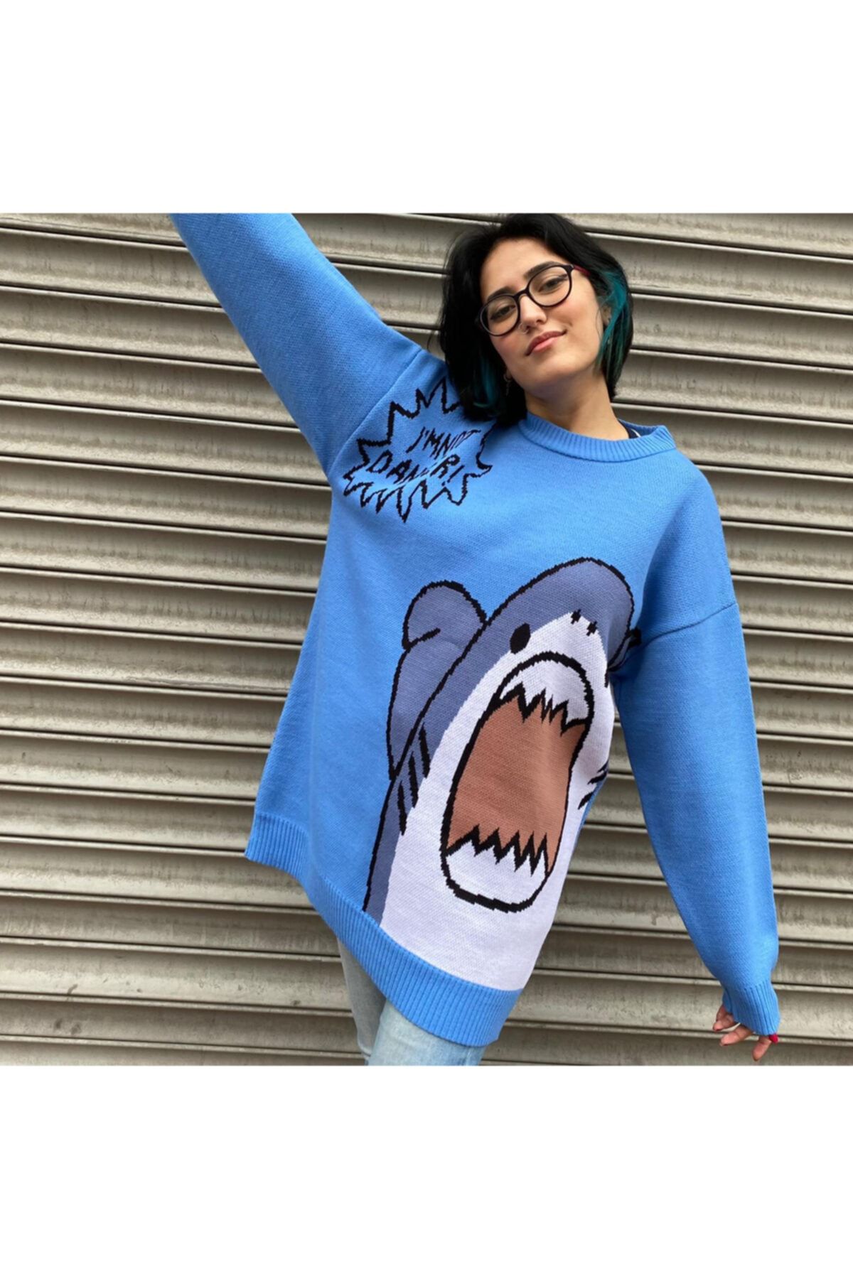 Köstebek Harajuku Cute Shark - I'm Not Danger Mavi Oversize Kazak