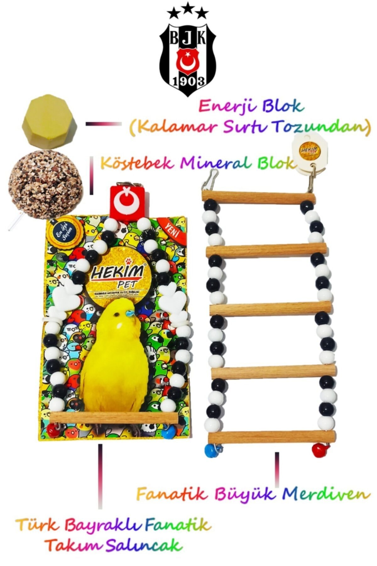 HEKİM PET Fanatik Takım Beşiktaş Salıncak+büyük Merdiven+ Enerji Blok+mineral Blok Kuş Oyuncağı Seti