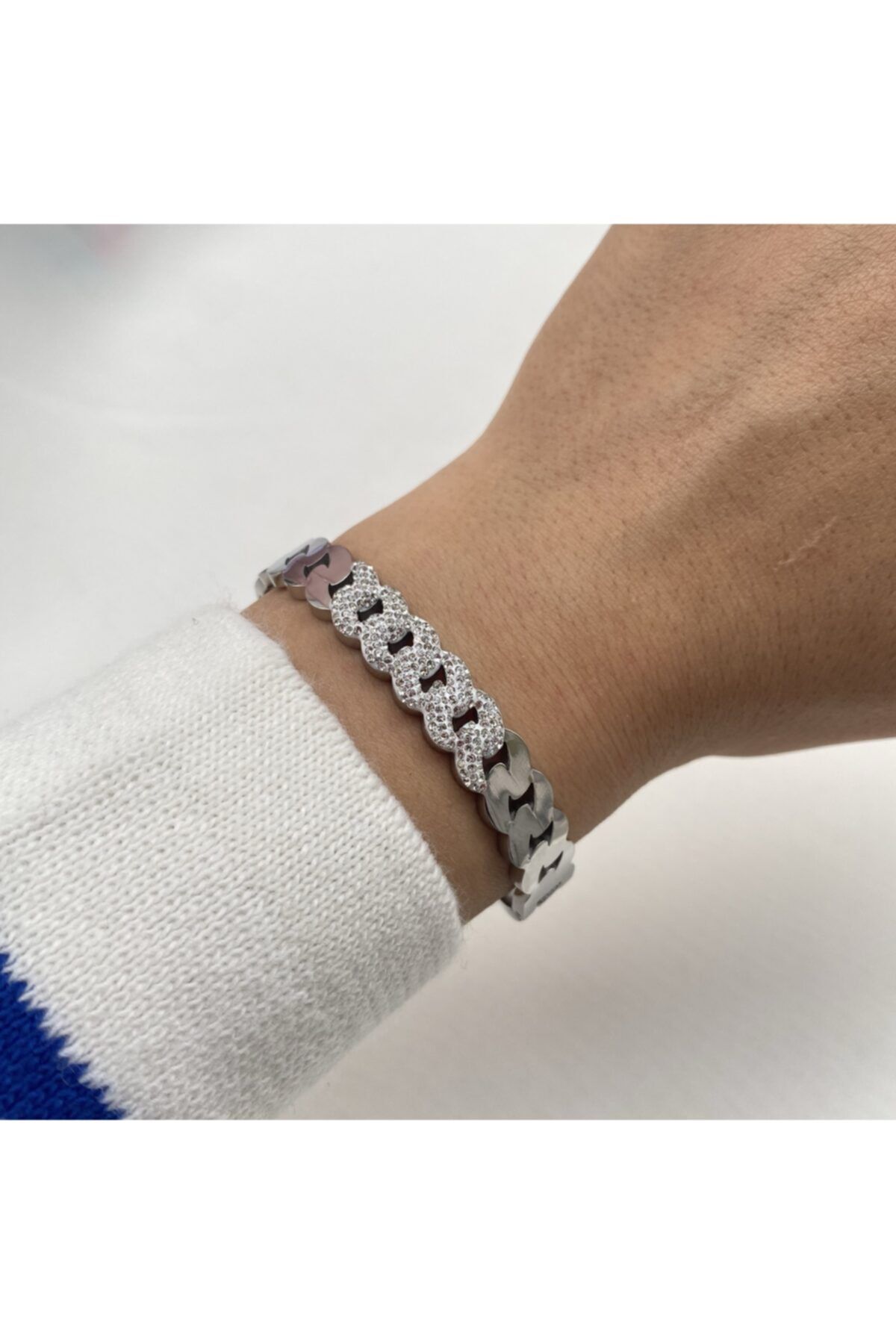 Alaçatı Accesories Çelik Gümüş Renk Full Taşlı Kelepçe Steel Steels 316l Bileklik