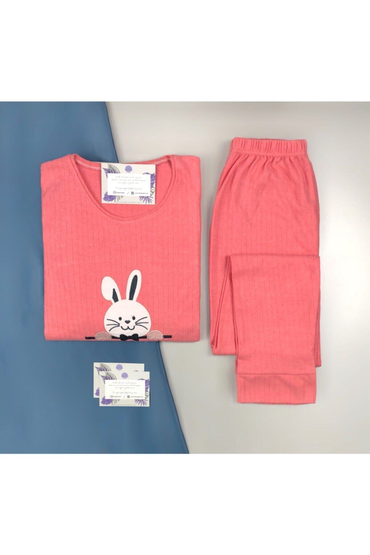 Meba Tavşan Desen Paça Manşetli Uzun Kollu Nar Çiçeği Pijama Takımı 1945